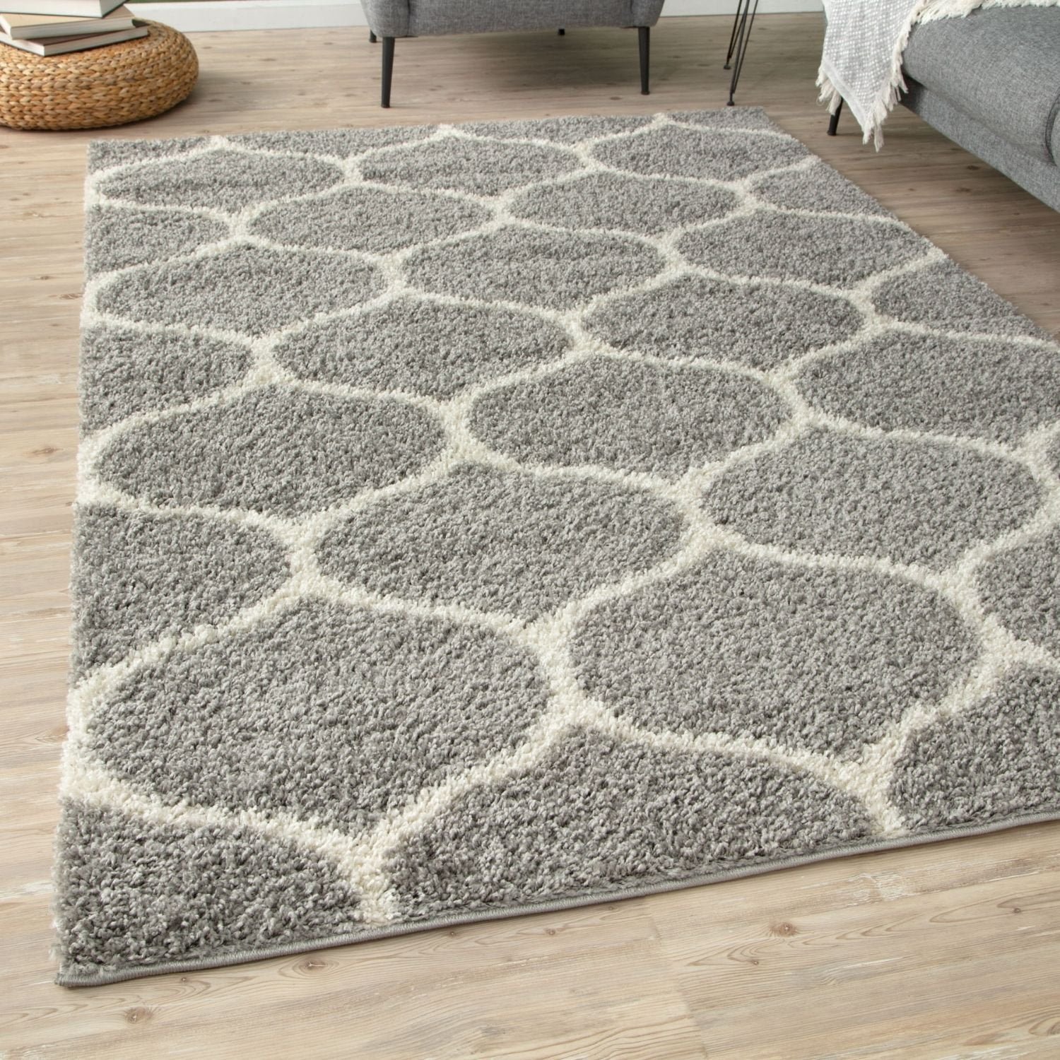 The Rugs Grey Moroccan Shaggy Trellis Rug - 60 x 110cm