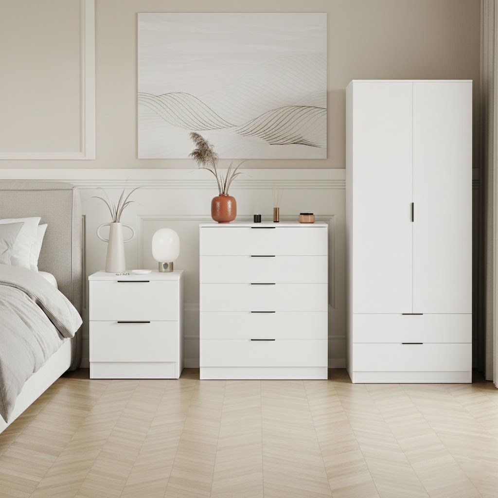 Vida Designs Trega Bedroom Set (Bedside, 5 Drawer Chest, 2x2 Wardrobe) - White
