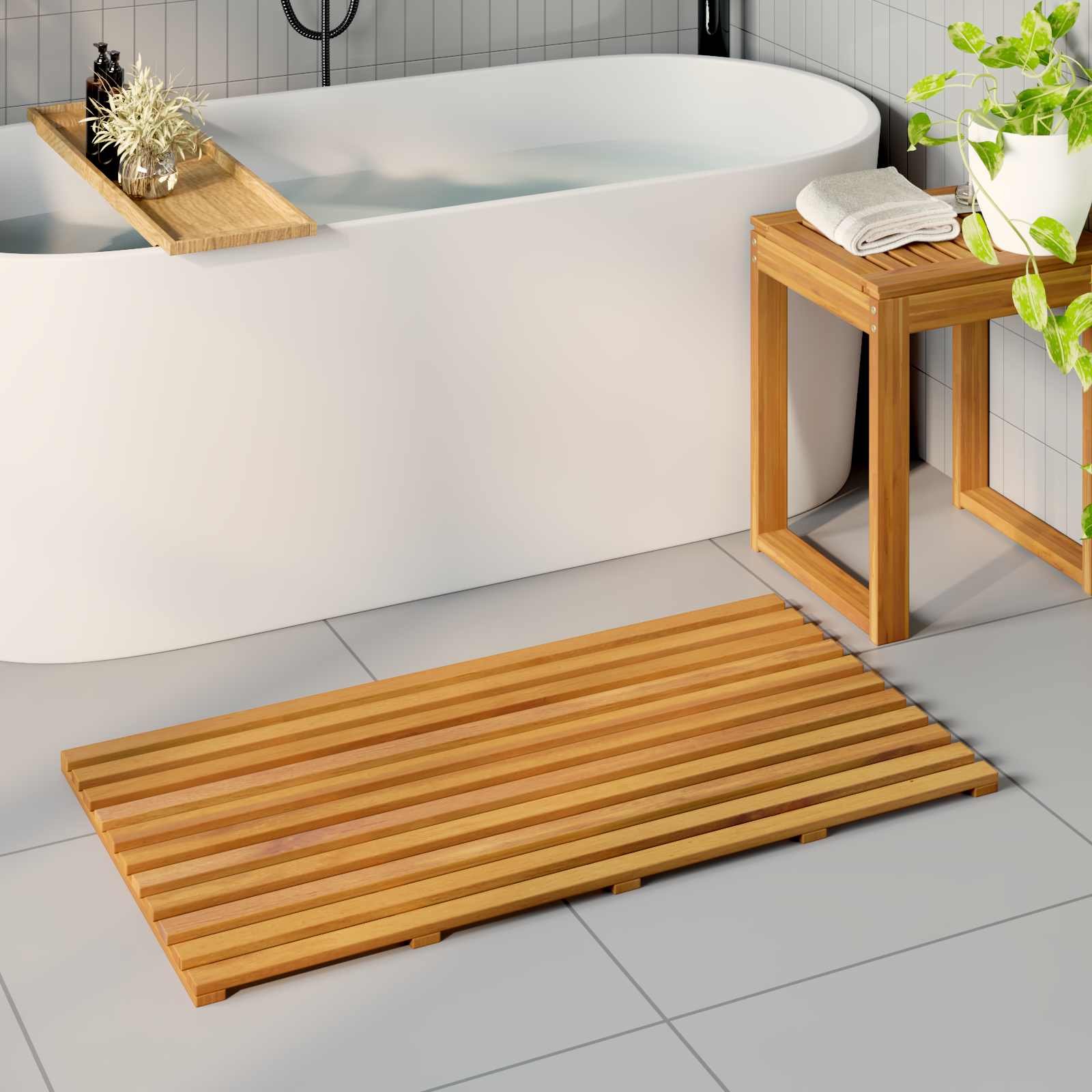 Walplus Wood Bath Mat Plain - Brown - 100 x 53 x 2.5 cm