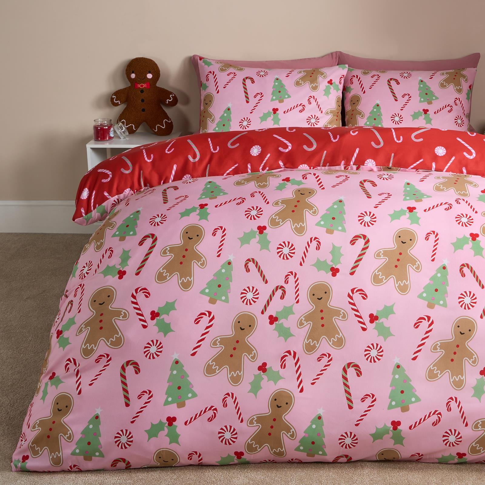 OHS Gingerbread Man Reversible Bedding Set Duvet Cover Set Pink - Double