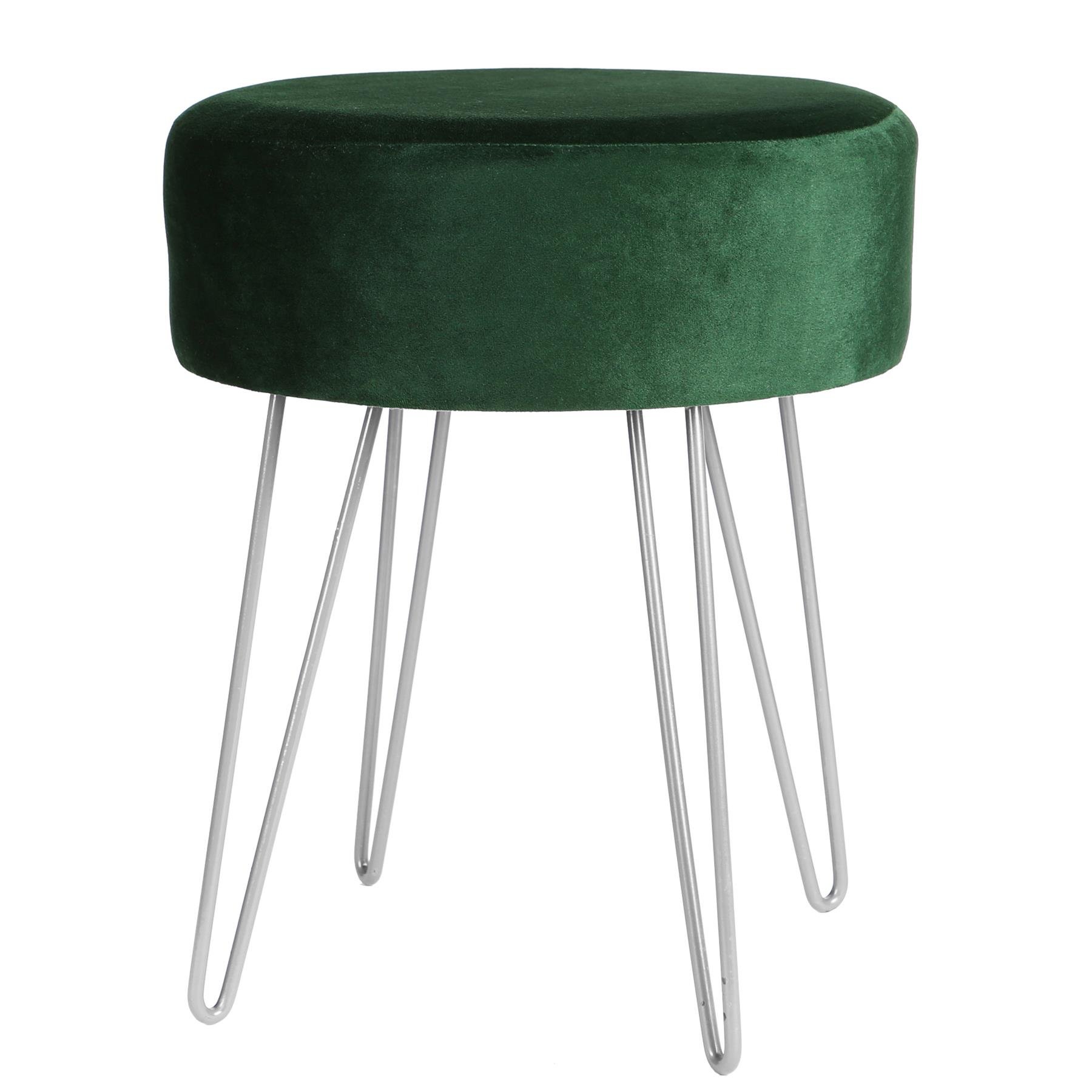 Harbour Housewares Round Velvet Footstool with Silver Legs - Green