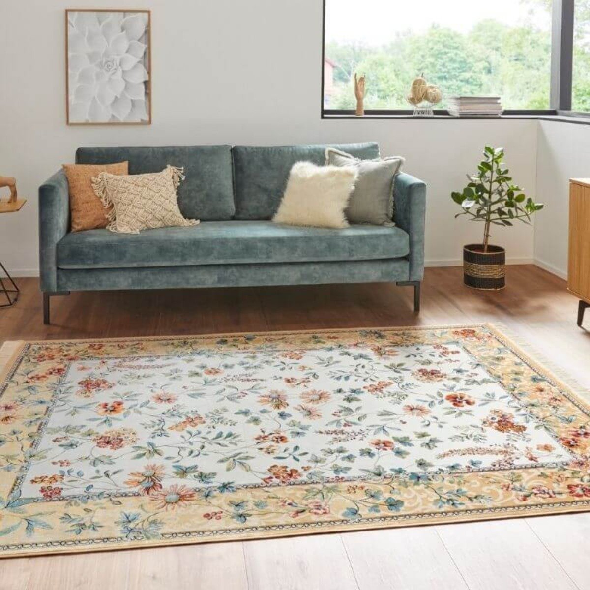 Hanse Home Beige Oriental Velvet Vintage Floral Fringed Rug - 160 x 230cm