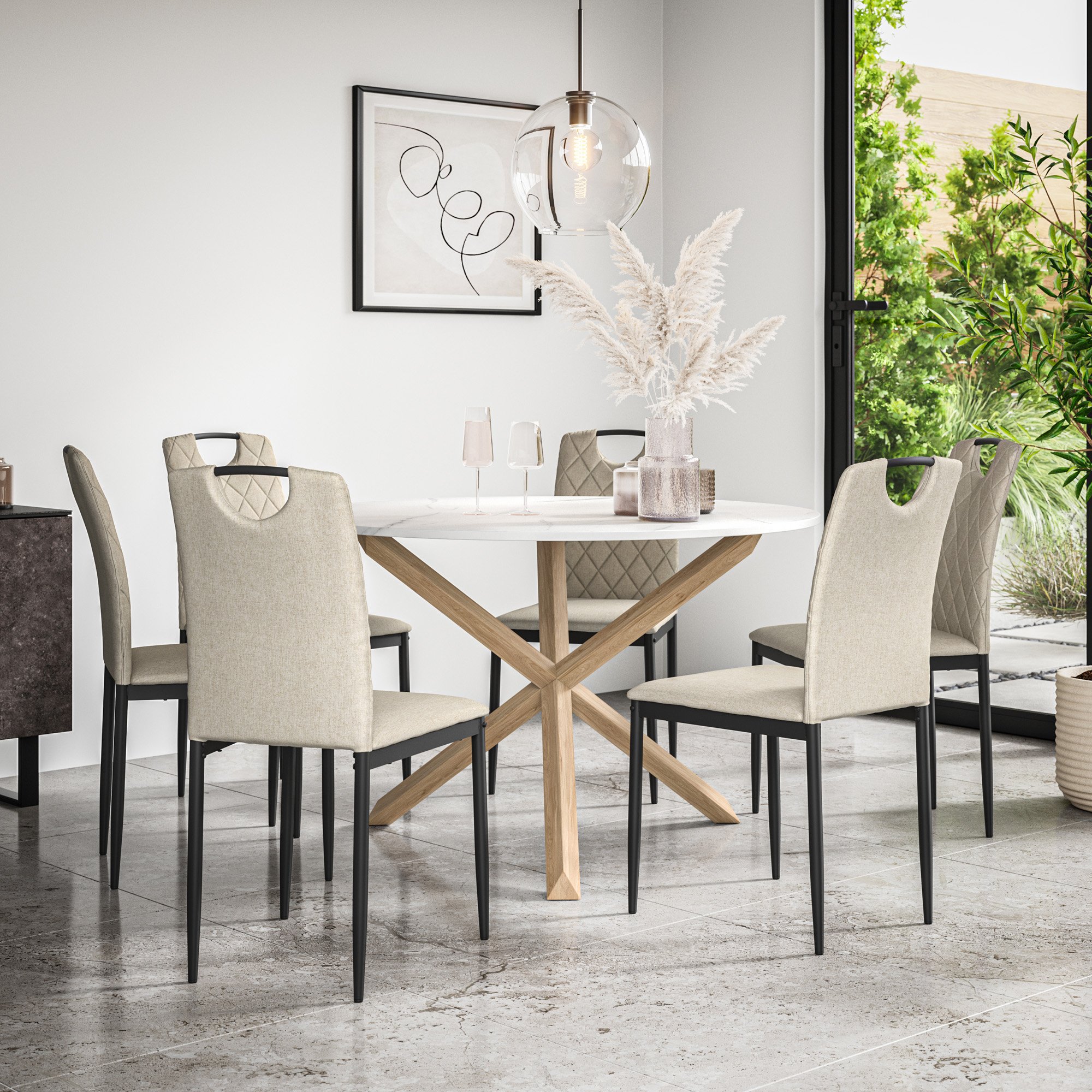Furniture Online Malvern Monza Marble Top Dining Table & 6 Beige Chairs