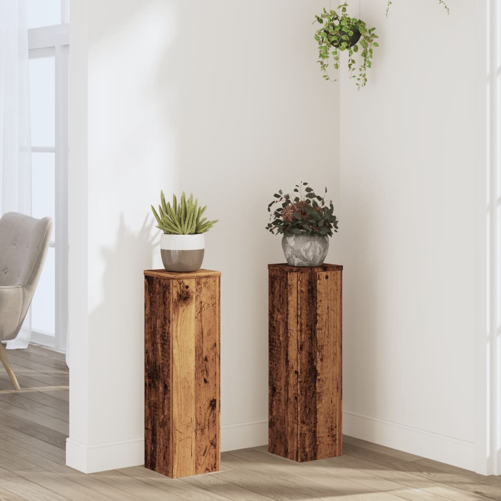 Walplus Pack of 2 Engineered Wood Plant Stand - Old Wood - 17 x 17 x 60 cm