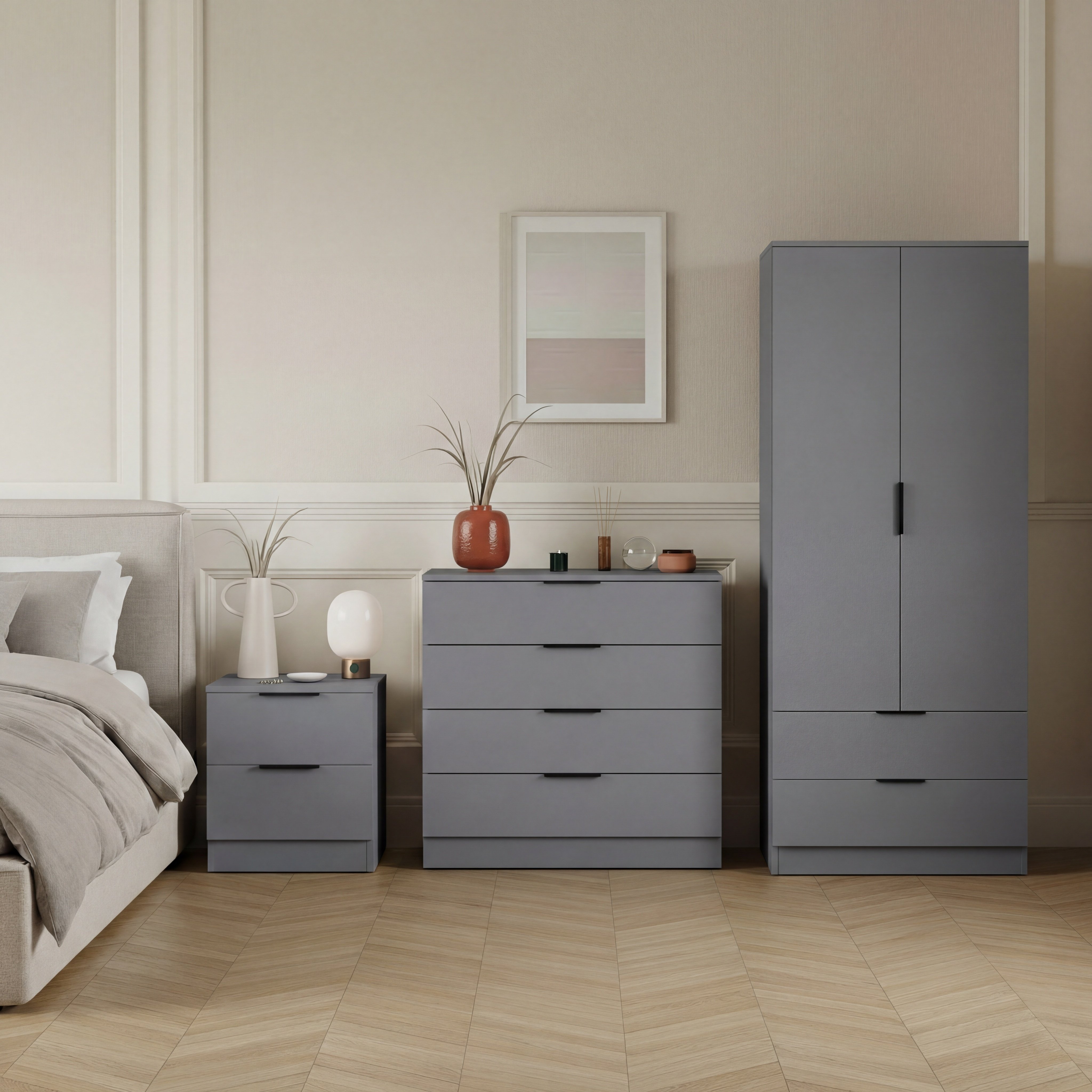 Vida Designs Trega Bedroom Set (Bedside, 4 Drawer Chest, 2x2 Wardrobe) - Grey