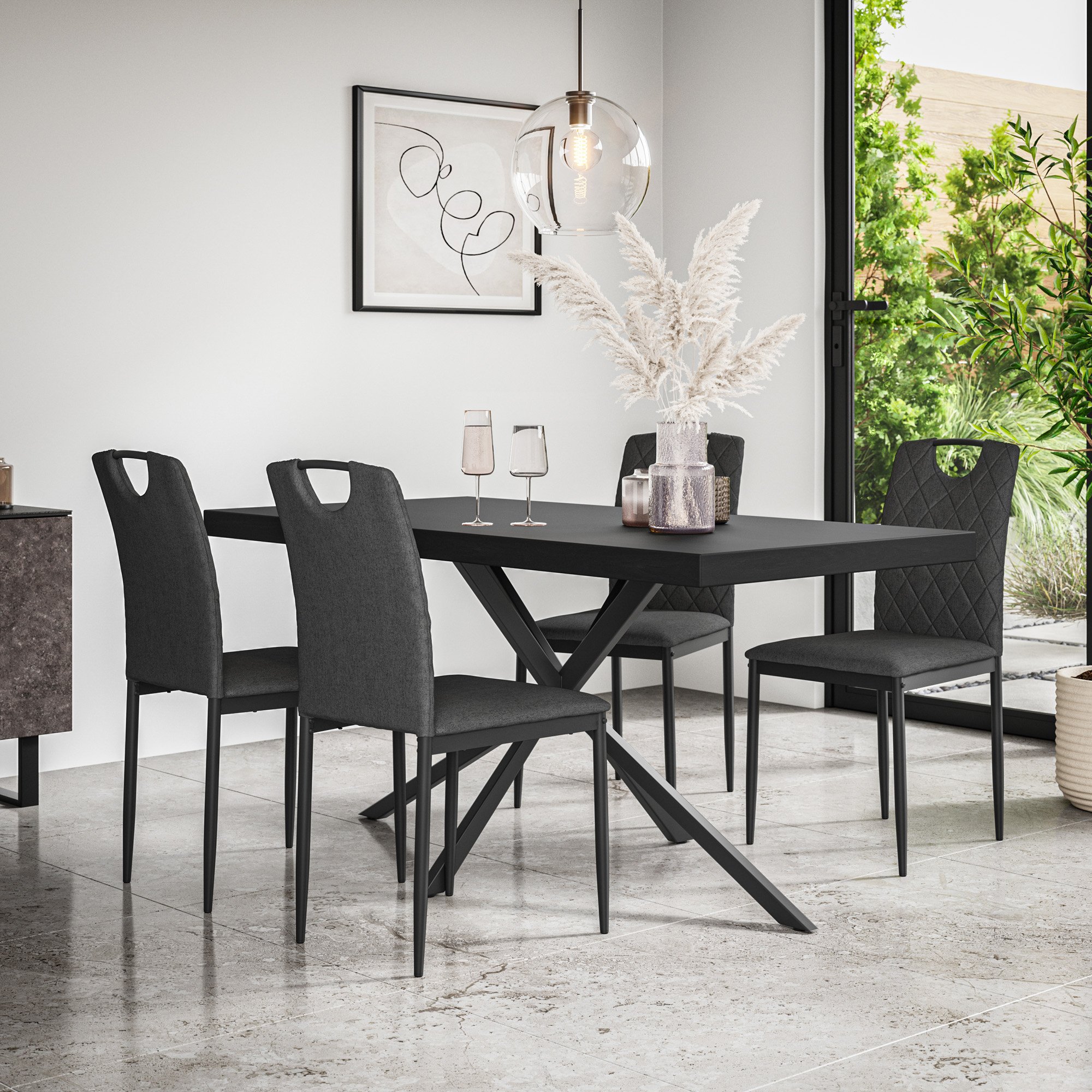 Furniture Online Donni Monza Black Top Dining Table & 4 Charcoal Chairs