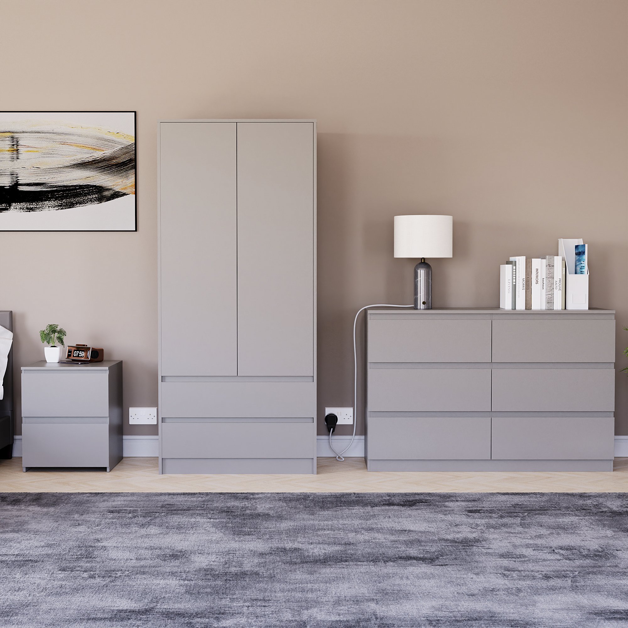 Vida Designs Denver Bedroom Set (Bedside, 6 Drawer Chest, 2x2 Wardrobe) - Grey