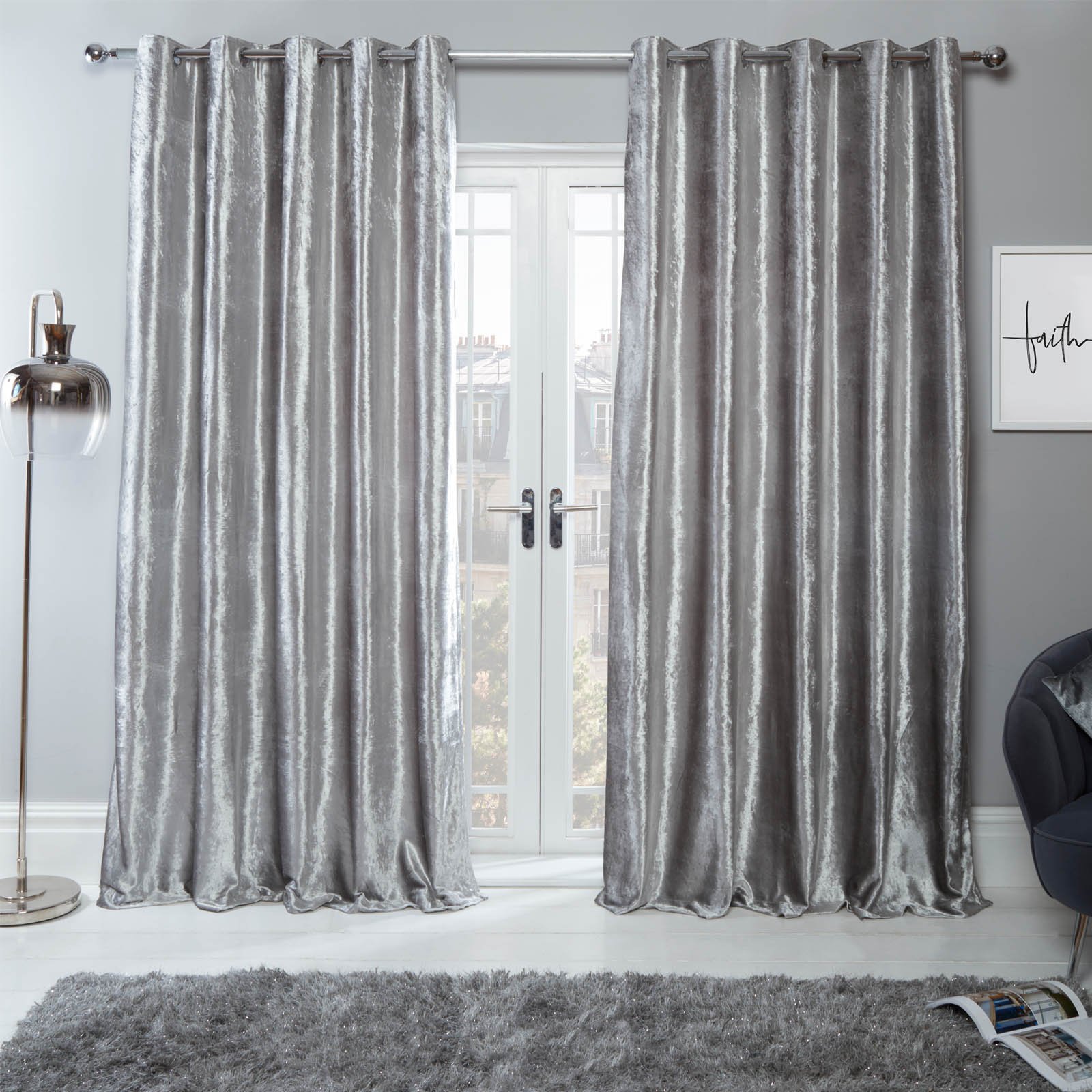 OHS Eyelet Crushed Velvet Curtains 168 x 229cm - Silver