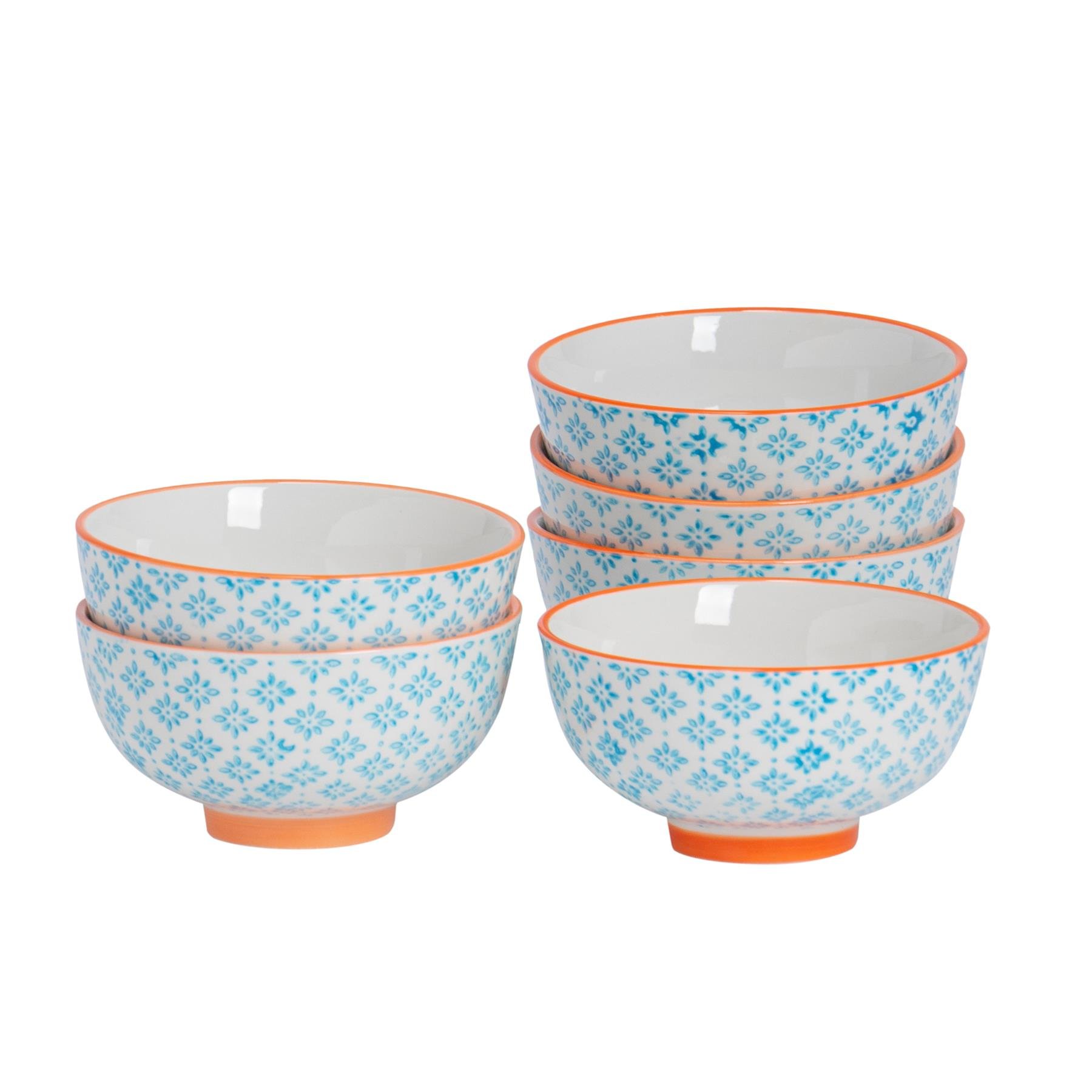 Nicola Spring Hand-Printed Rice Bowls Pack of 6 - Blue