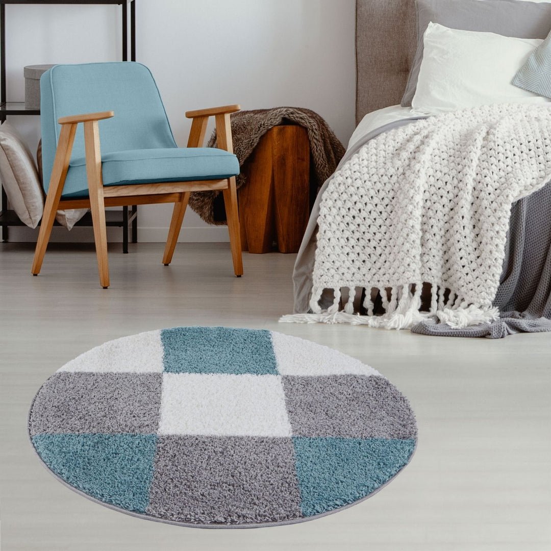 The Rugs Duck Egg Myshaggy Checkered Round Shaggy Rug - 120cm