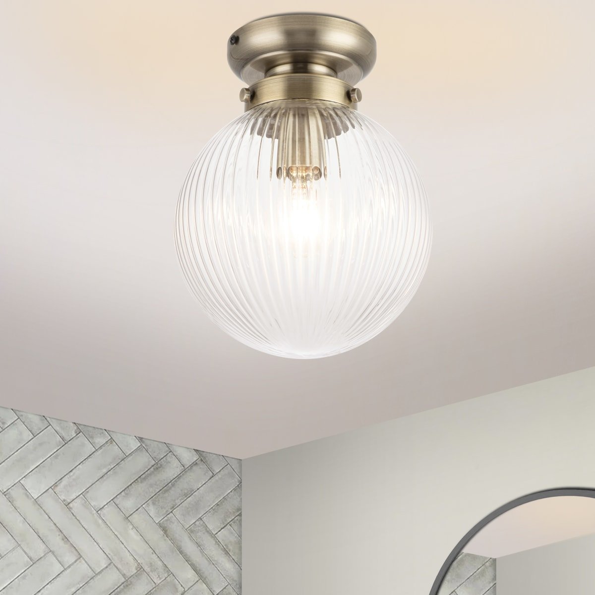 Cosylyte Finley Bathroom Classic Ribbed Glass Ceiling Light - Brushed Brass