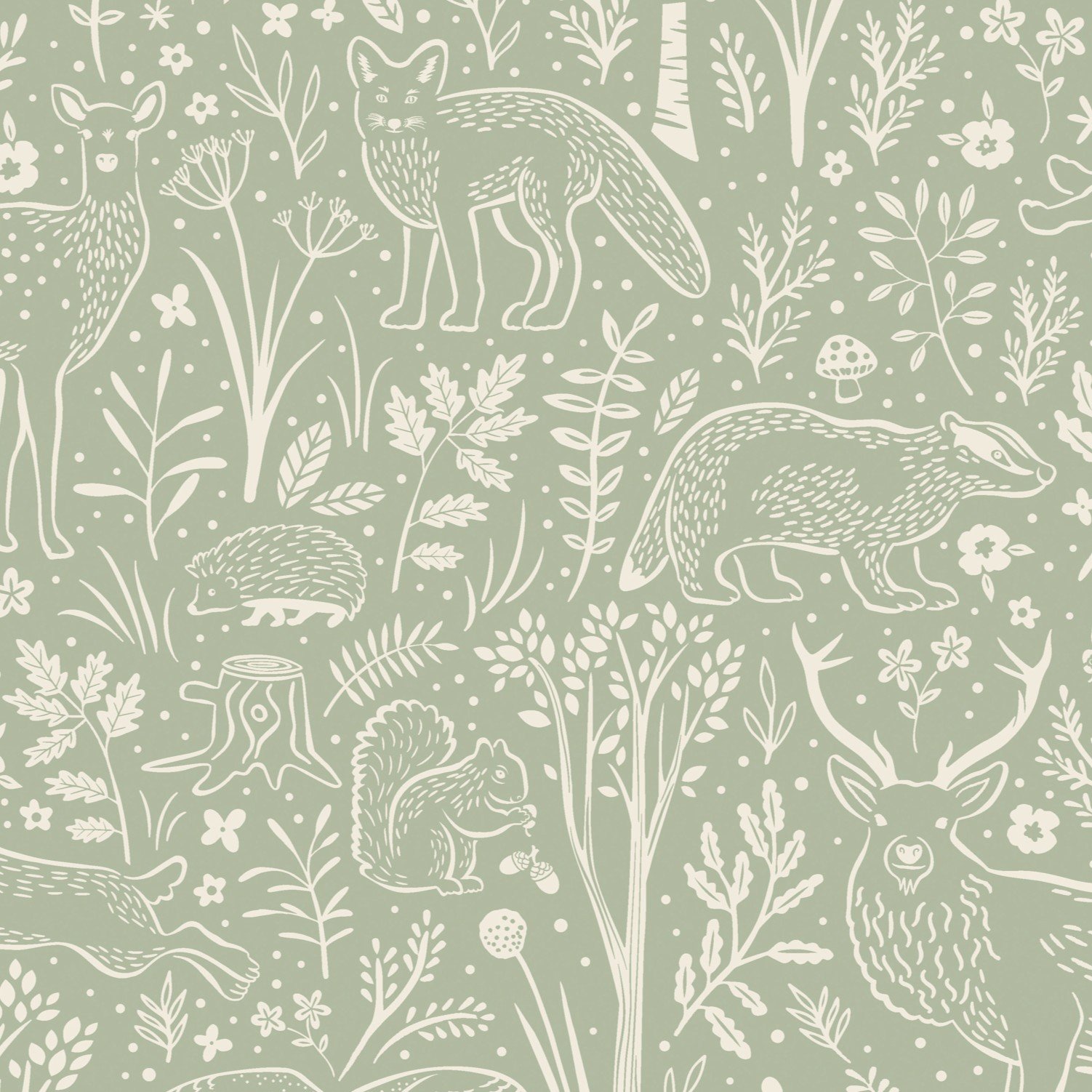 Grandeco Native Woodland Animals Nursery Textured Wallpaper - Sage Green