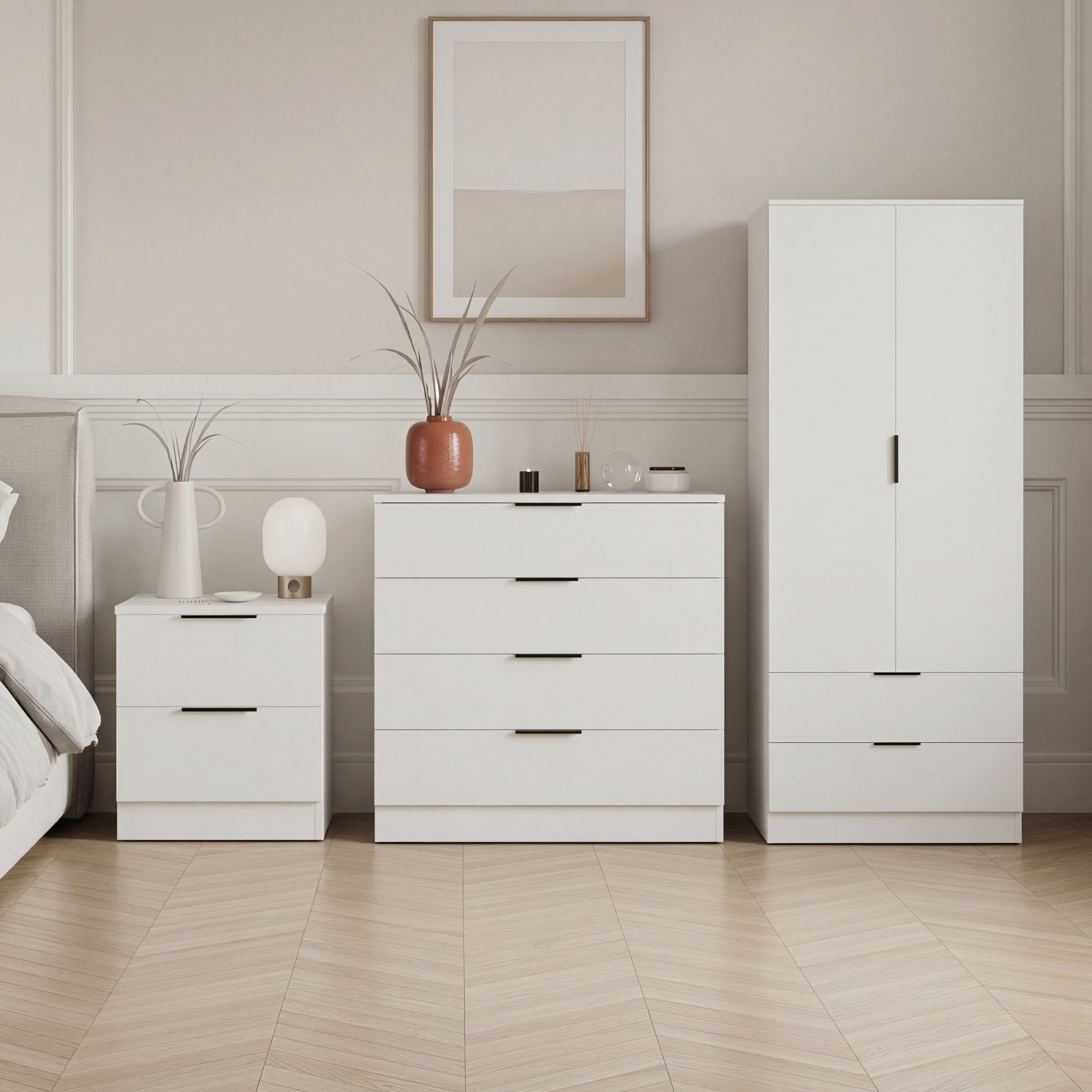 Vida Designs Trega Bedroom Set (Bedside, 4 Drawer Chest, 2x2 Wardrobe) - White