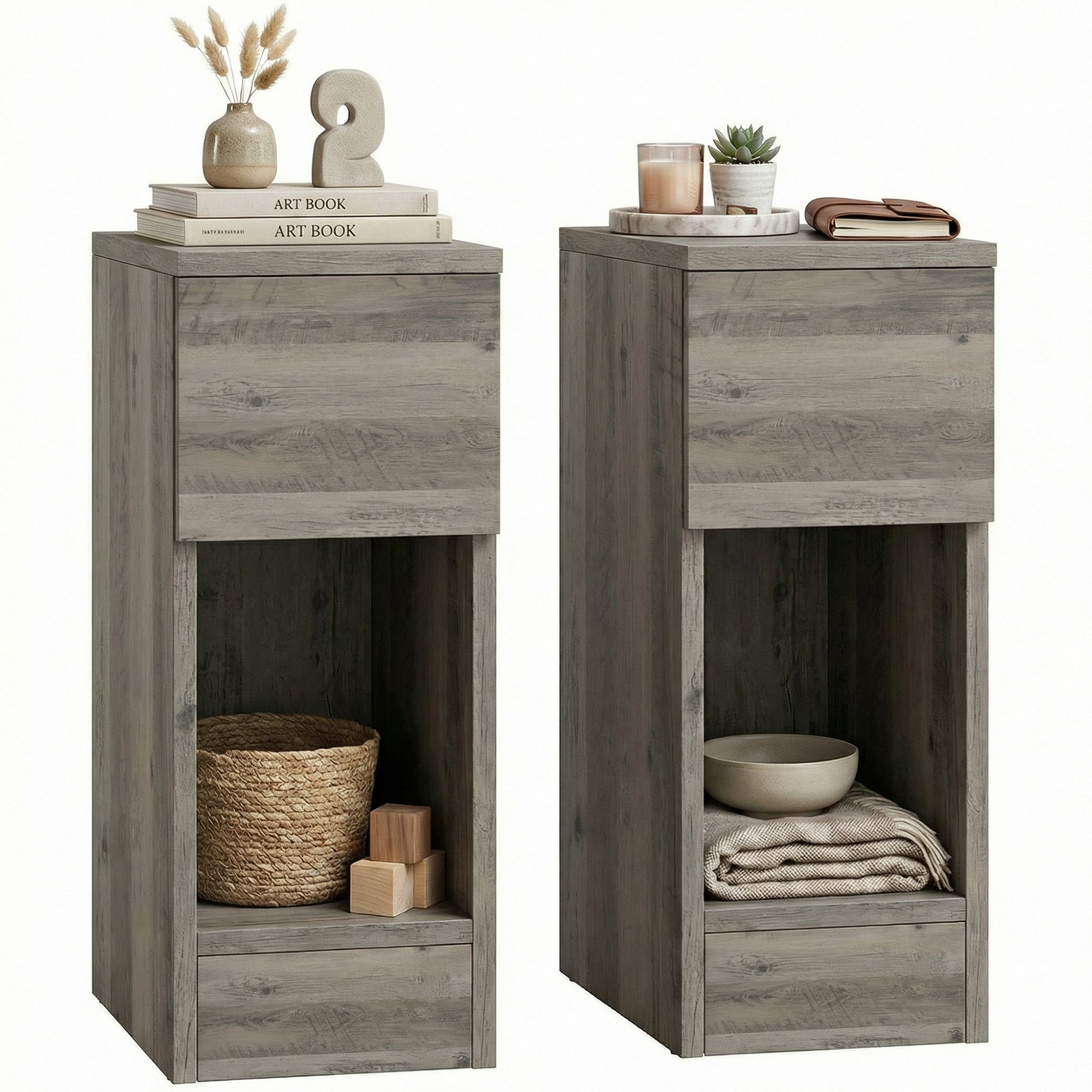 HOMCOM Set of 2 Bedside Table with Drawer and Shelf - Grey