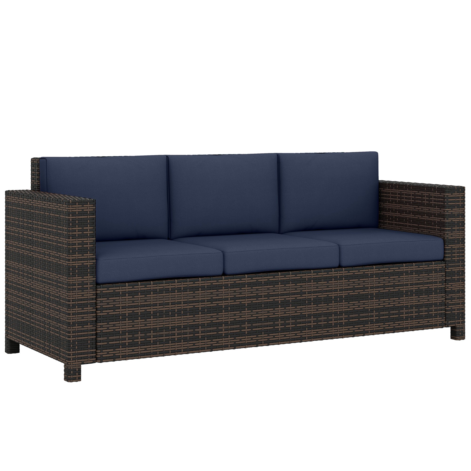 Outsunny 3 Seater Rattan Sofa with Thick Padded Cushion - Blue