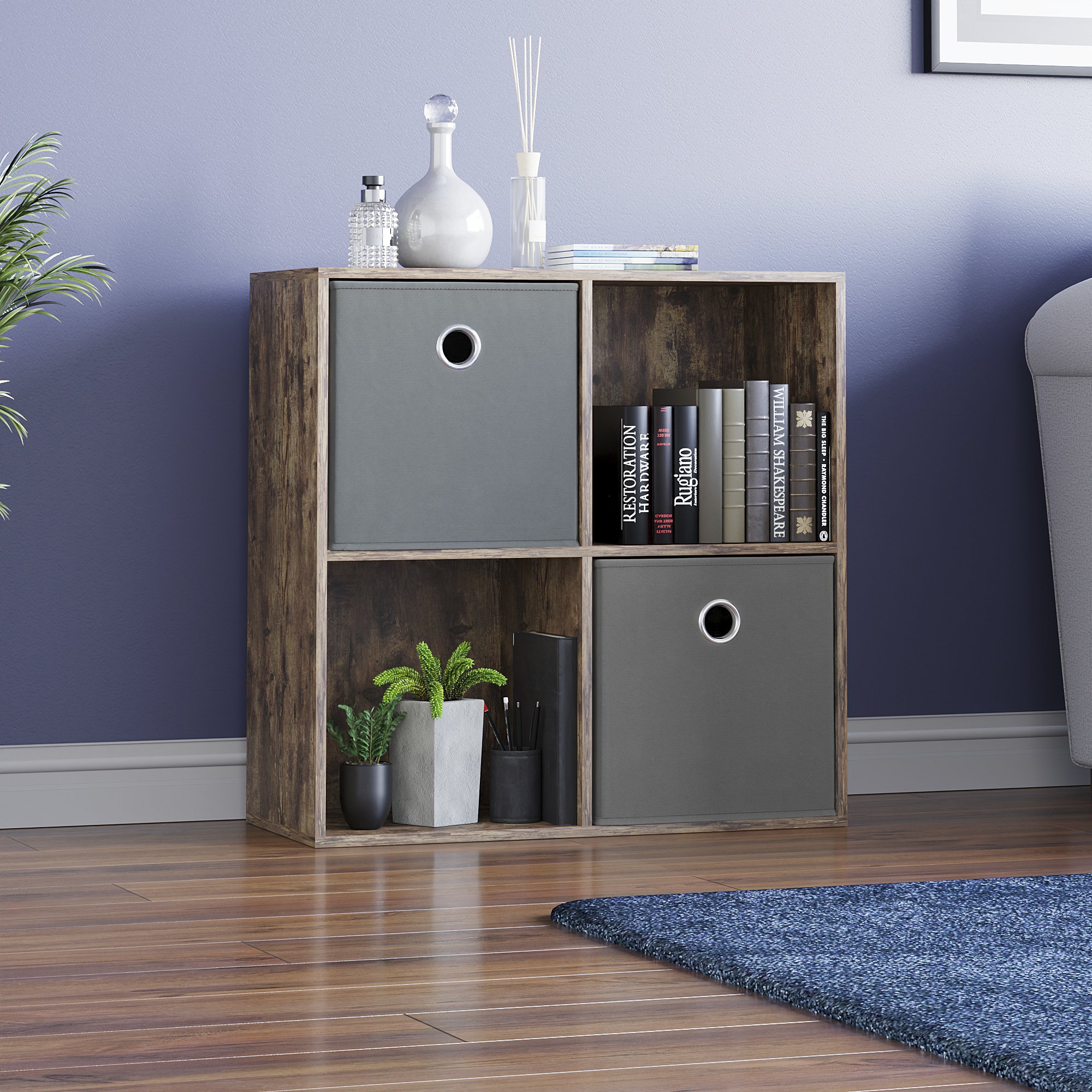 Vida Designs Durham 4 Cube Storage Unit with Set of 2 Grey Baskets - Dark Wood