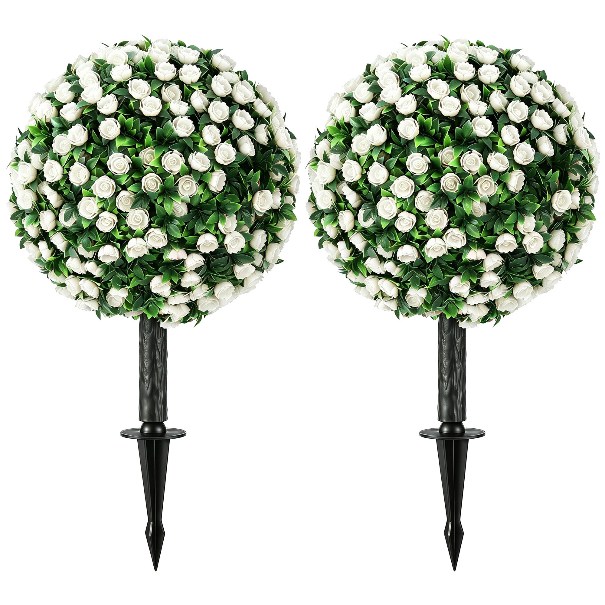 HOMCOM Set of 2 55cm UV Resistant Artificial Rose Topiary - White