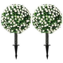 HOMCOM Set of 2 55cm UV Resistant Artificial Rose Topiary - White