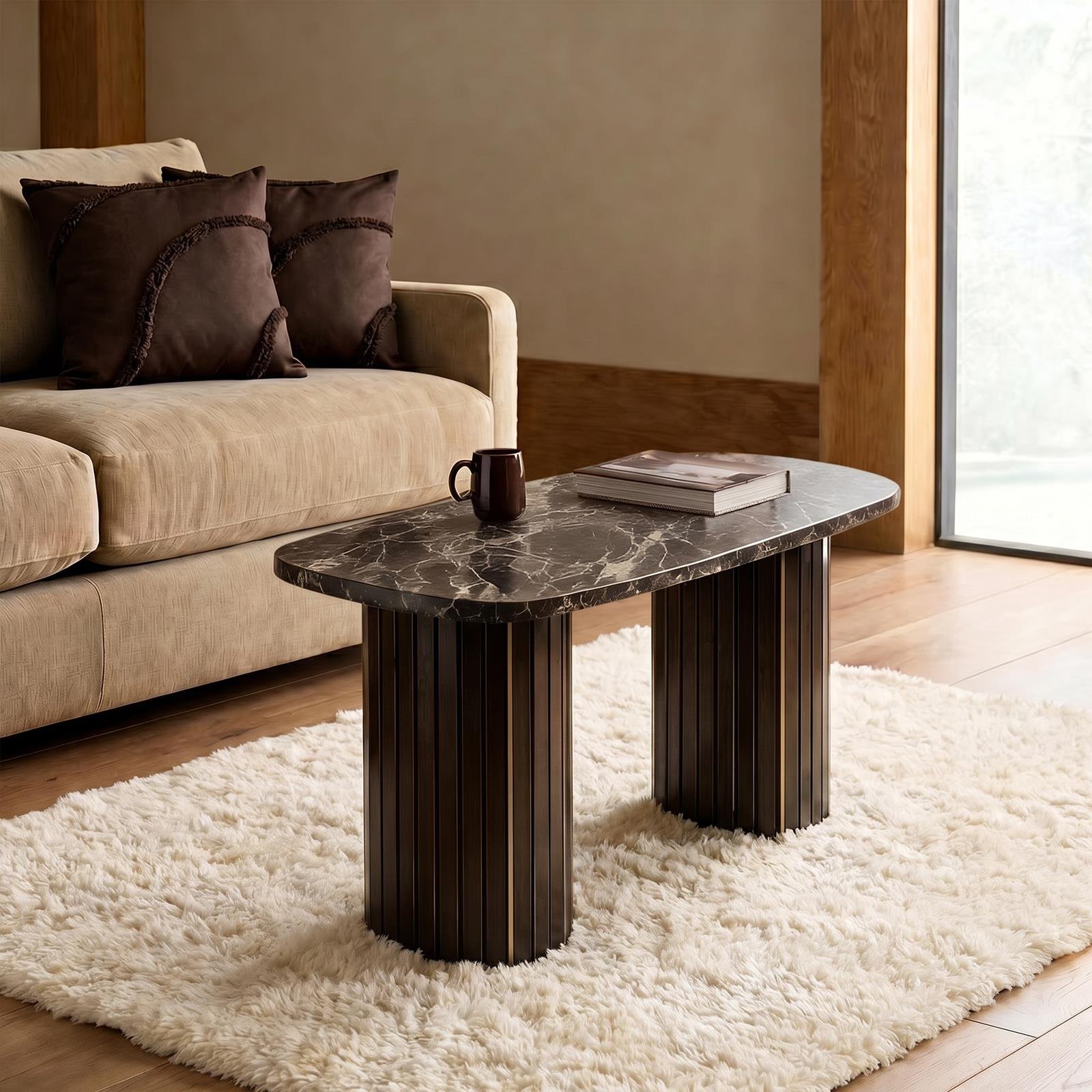 OHS Madison Ribbed Coffee Table - Dark Brown/Marble Effect