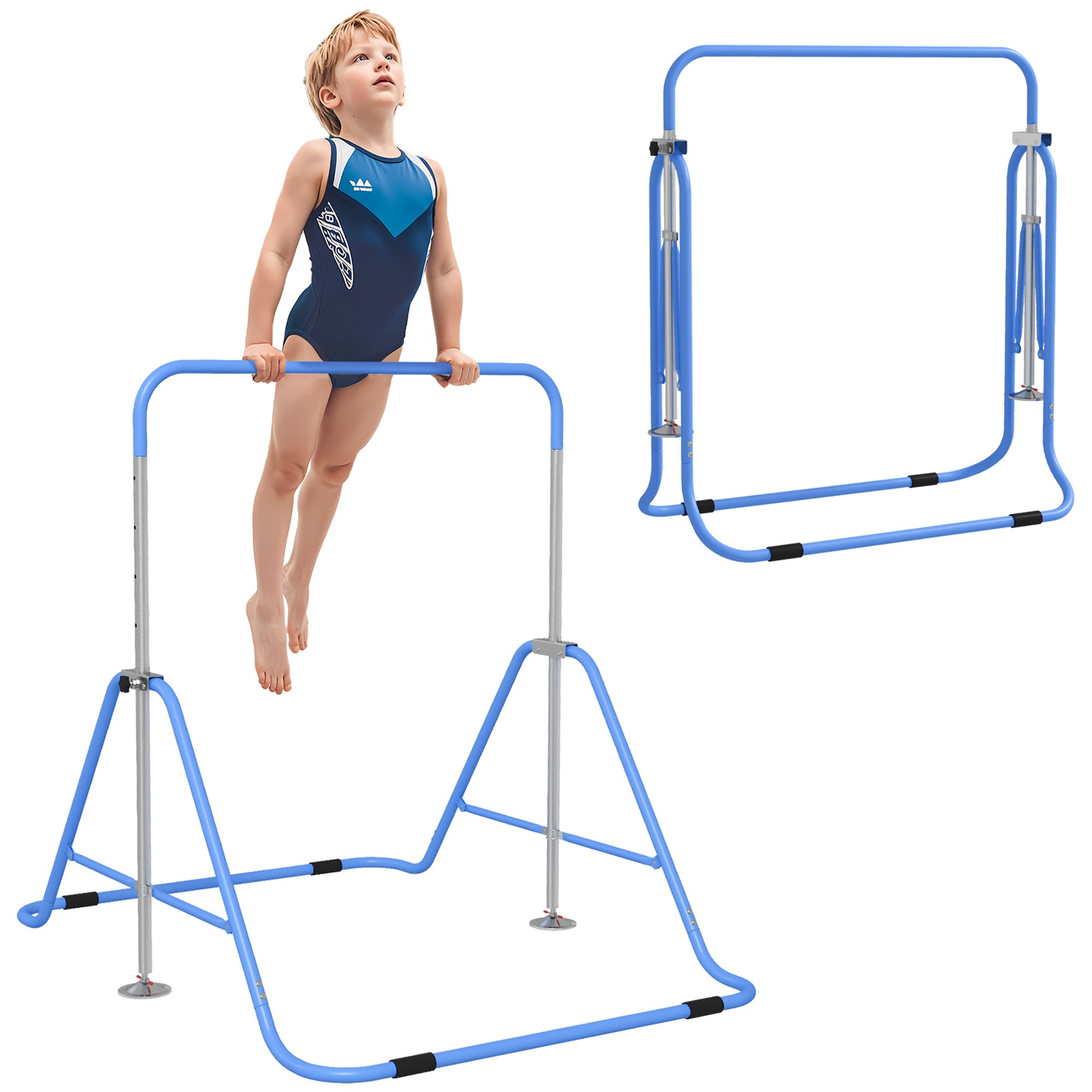 HOMCOM Foldable Adjustable Height Triangle Base Kids Gymnastic Bar - Blue