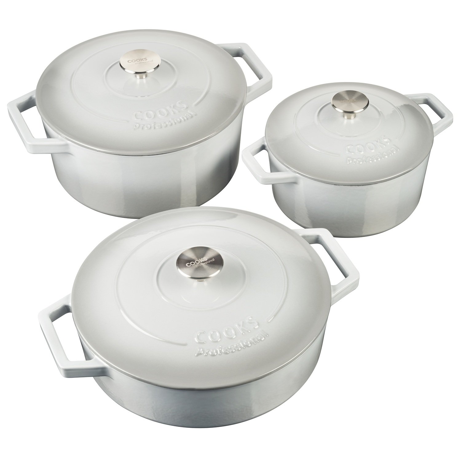 Cooks Professional Set of 3 Cast Iron Casserole Dishes 20, 26 and 28cm - Grey