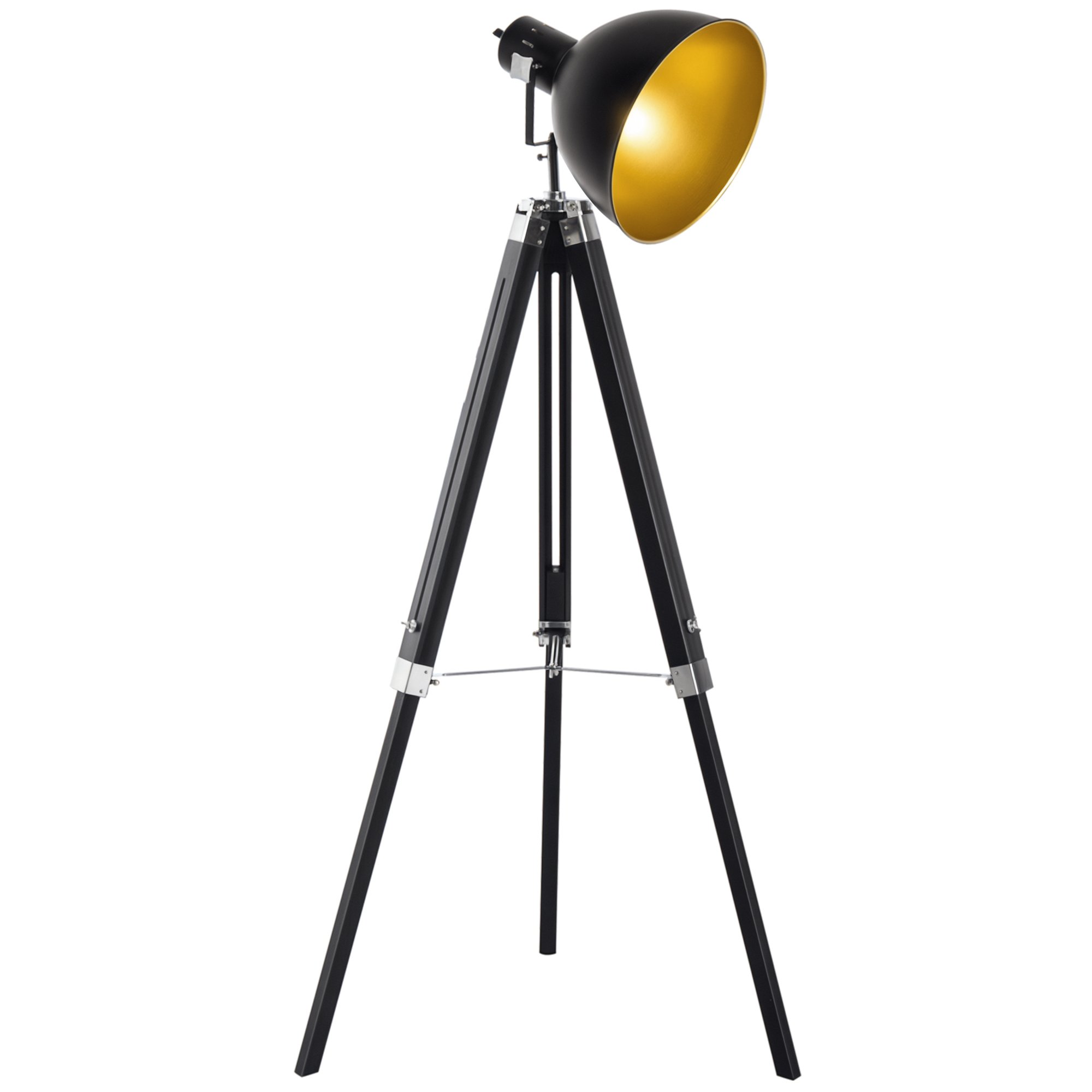 HOMCOM Tripod Floor Lamp with Pine Wood Legs - Gold and Black