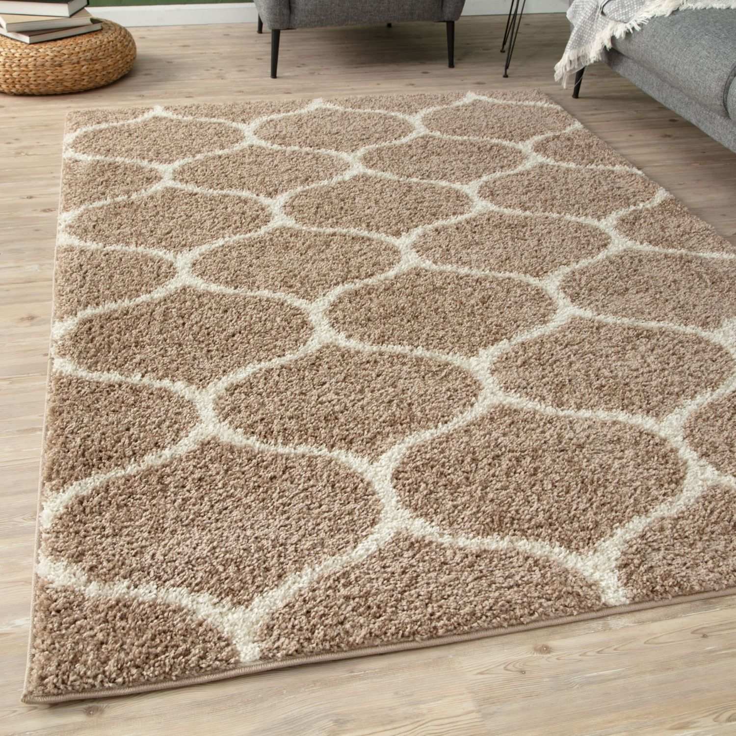 The Rugs Beige Moroccan Shaggy Trellis Rug - 80 x 150cm
