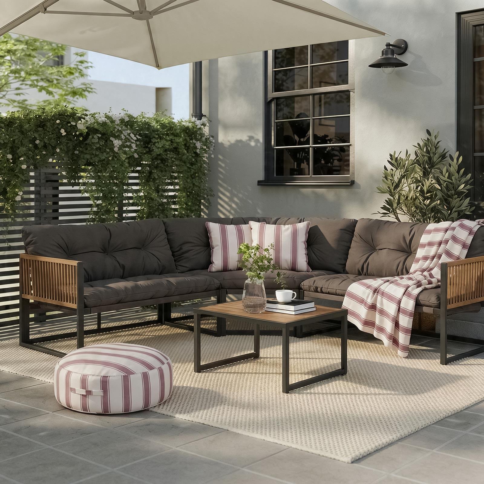 OHS Santorini 5‑Seater Garden Corner Sofa & Table Set - Chocolate