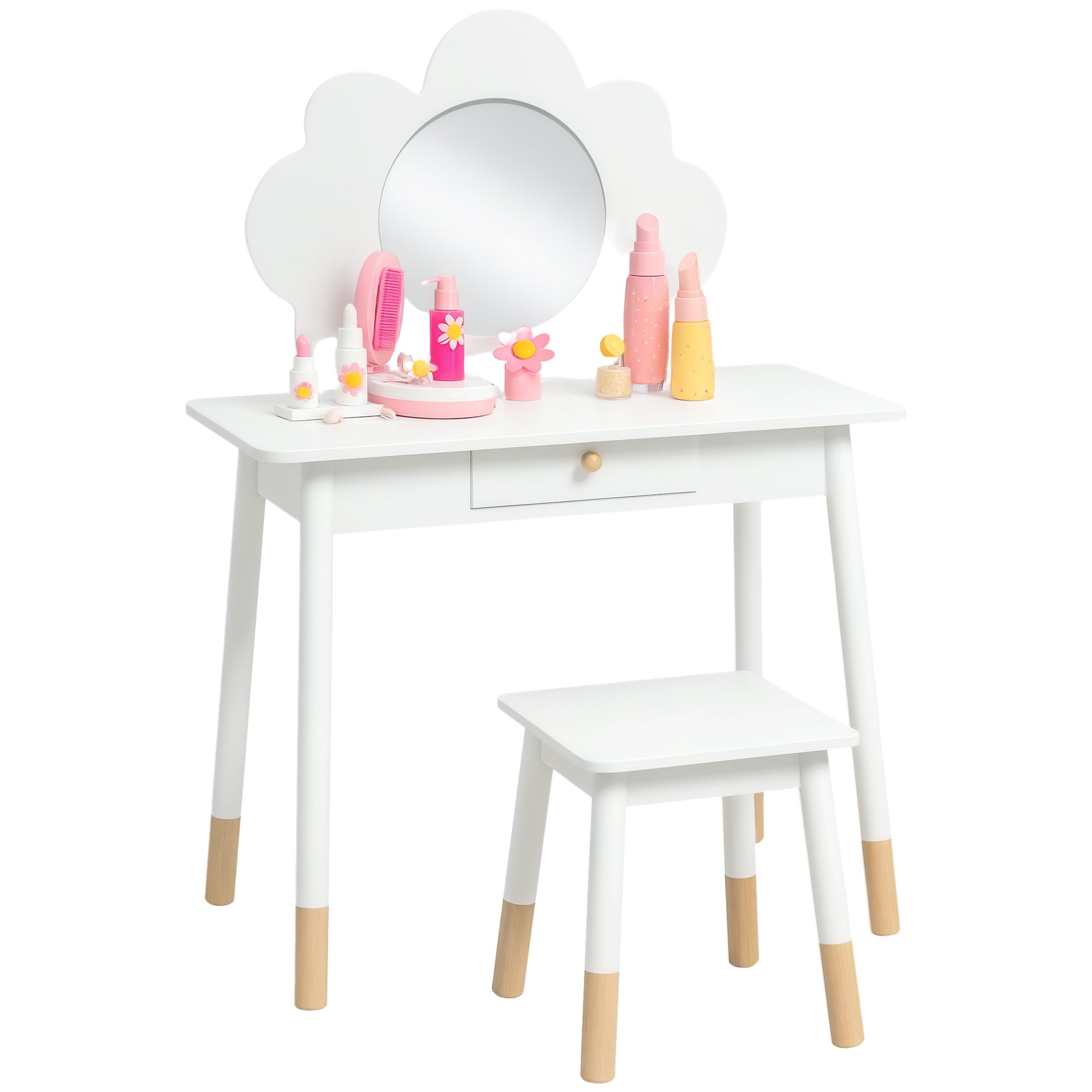 AIYAPLAY 2 Piece Mirror Drawer Cloud Vanity Set - White