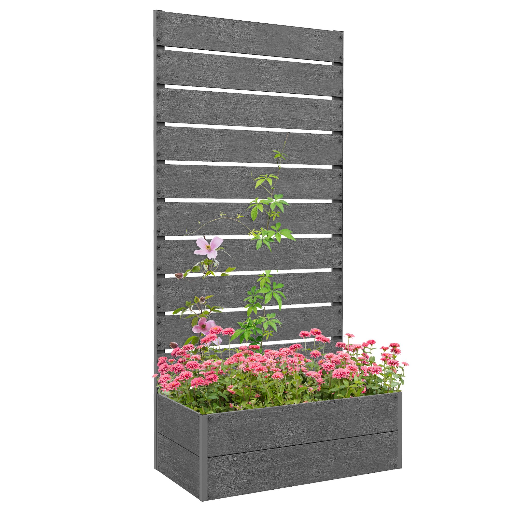 Outsunny Freestanding Garden Raised Planters with Trellis - Dark Grey