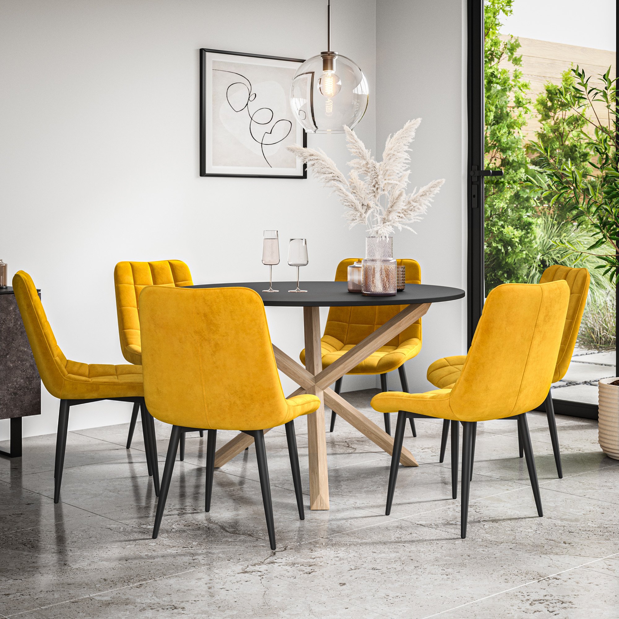 Furniture Online Malvern Nova Black Top Dining Table & 6 Mustard Chairs