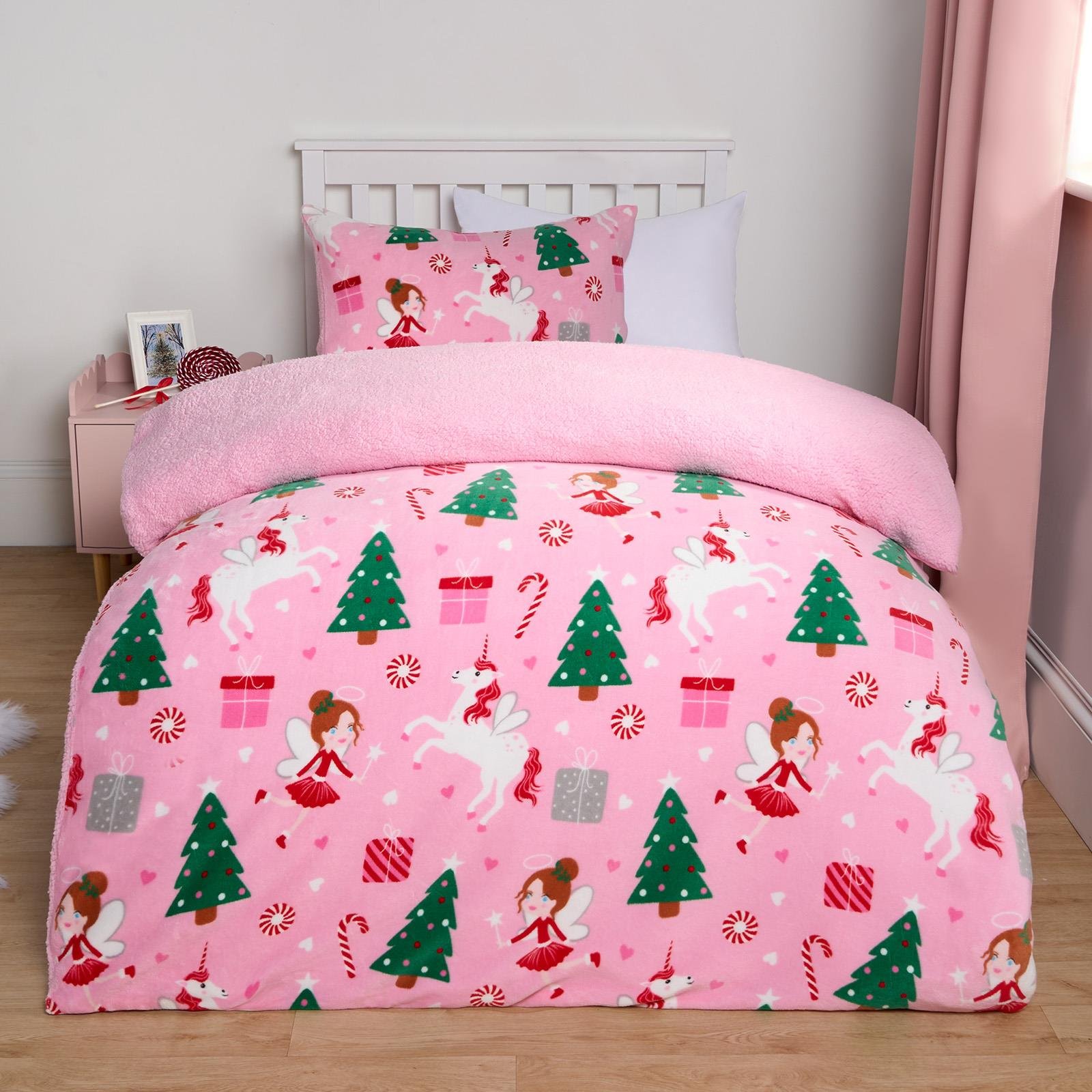 OHS Unicorn Sherpa Duvet Cover Set Xmas Bedding Pink - Single