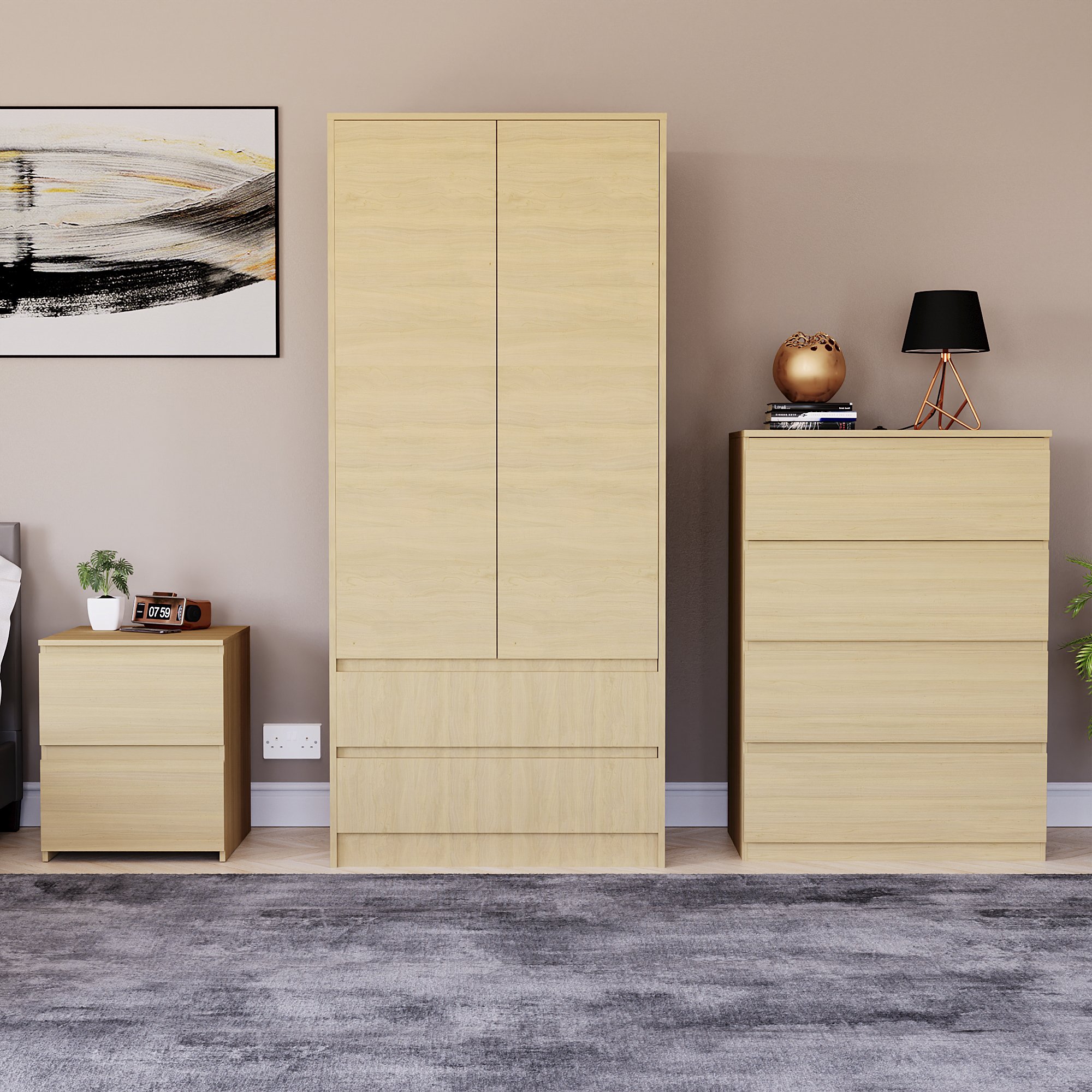 Vida Designs Denver Bedroom Set (Bedside, 4 Drawer Chest, 2x2 Wardrobe) - Pine