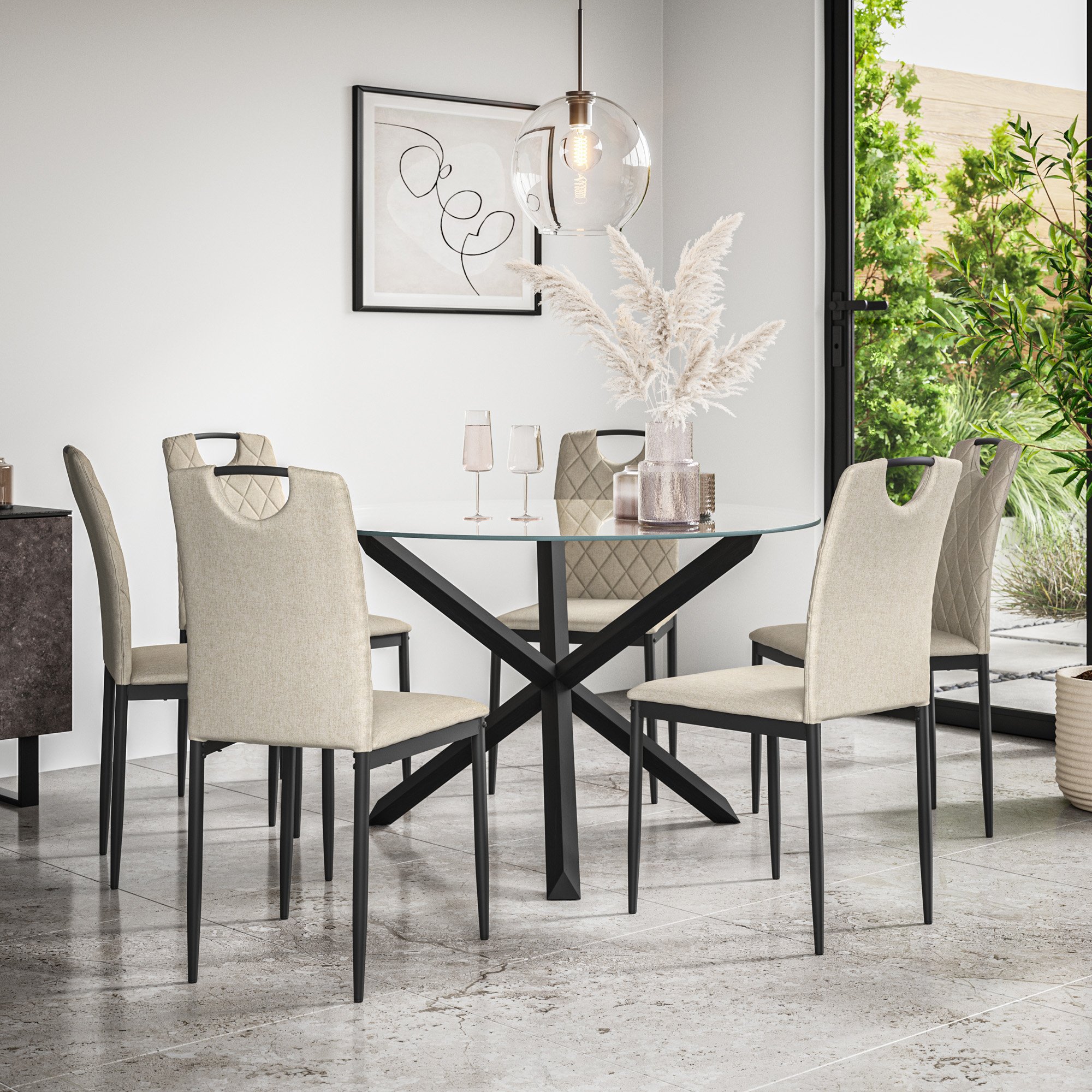 Furniture Online Malvern Monza Glass Top Dining Table & 6 Beige Chairs