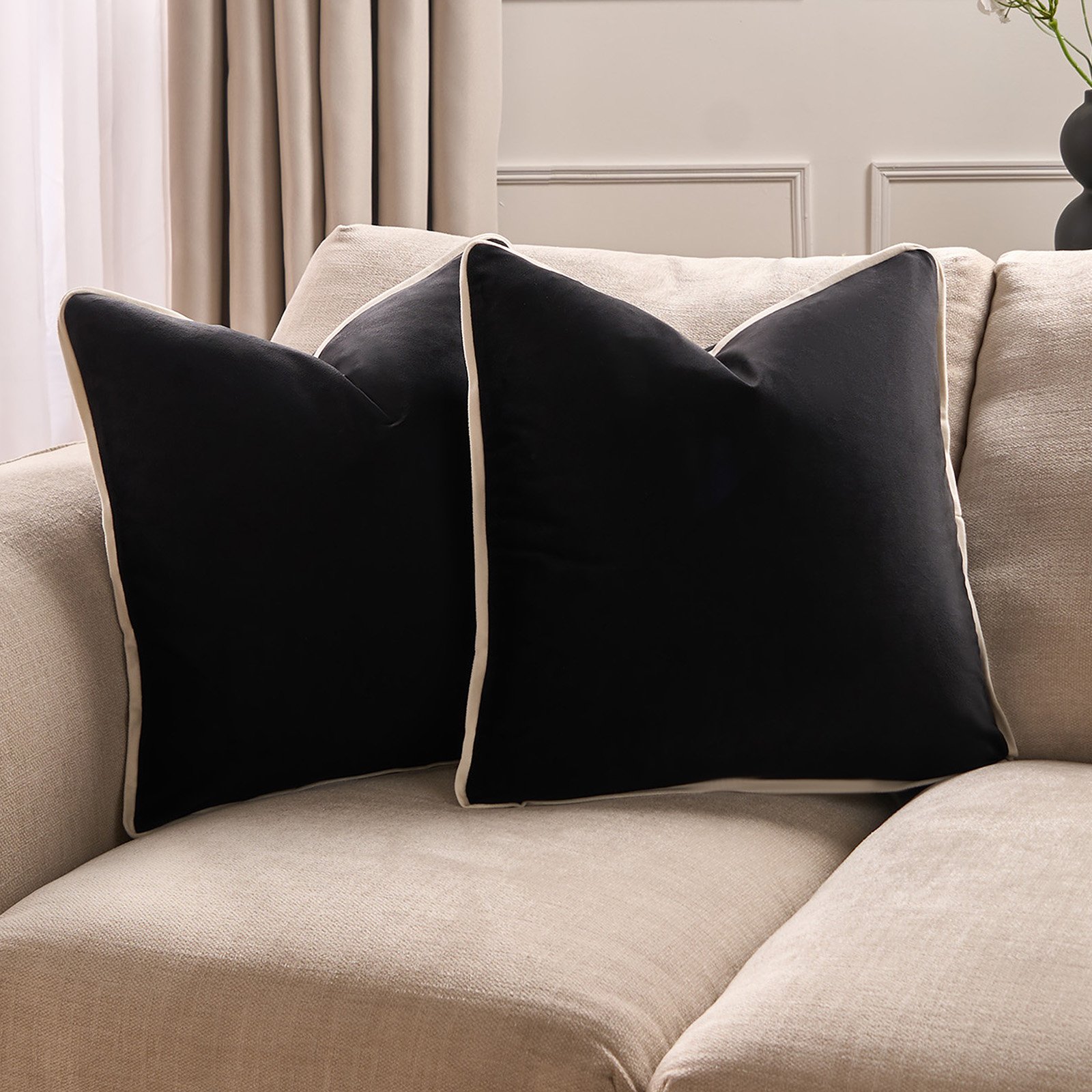 OHS 2 Pack Matte Velvet Piped Cushion Covers 45 x 45cm - Black