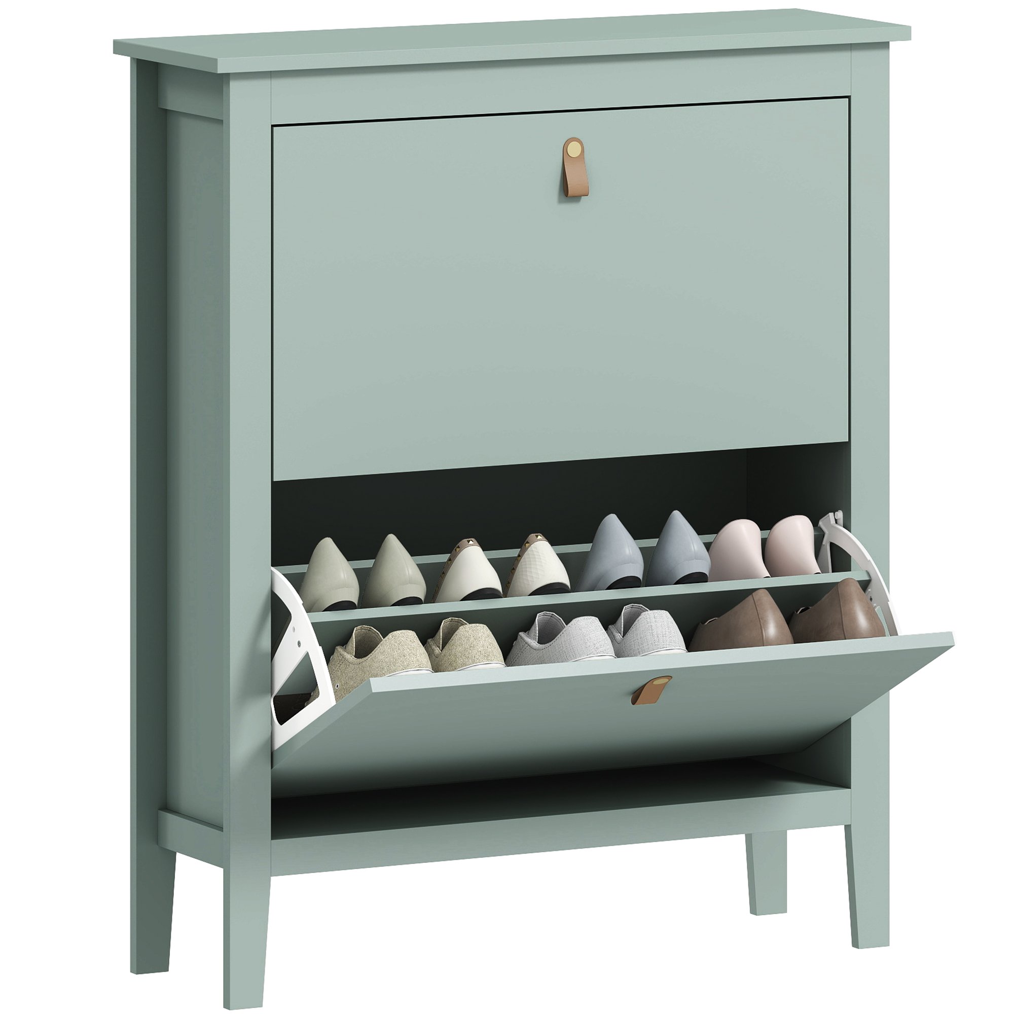 HOMCOM 2 Drawer Narrow Shoe Storage Cabinet with Adjustable Shelves - Green