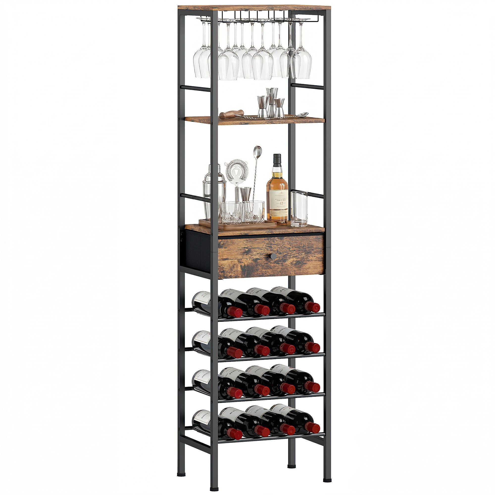 HOMCOM Industrial Freestanding Wine Rack with Drawers for 16 Bottles - Brown