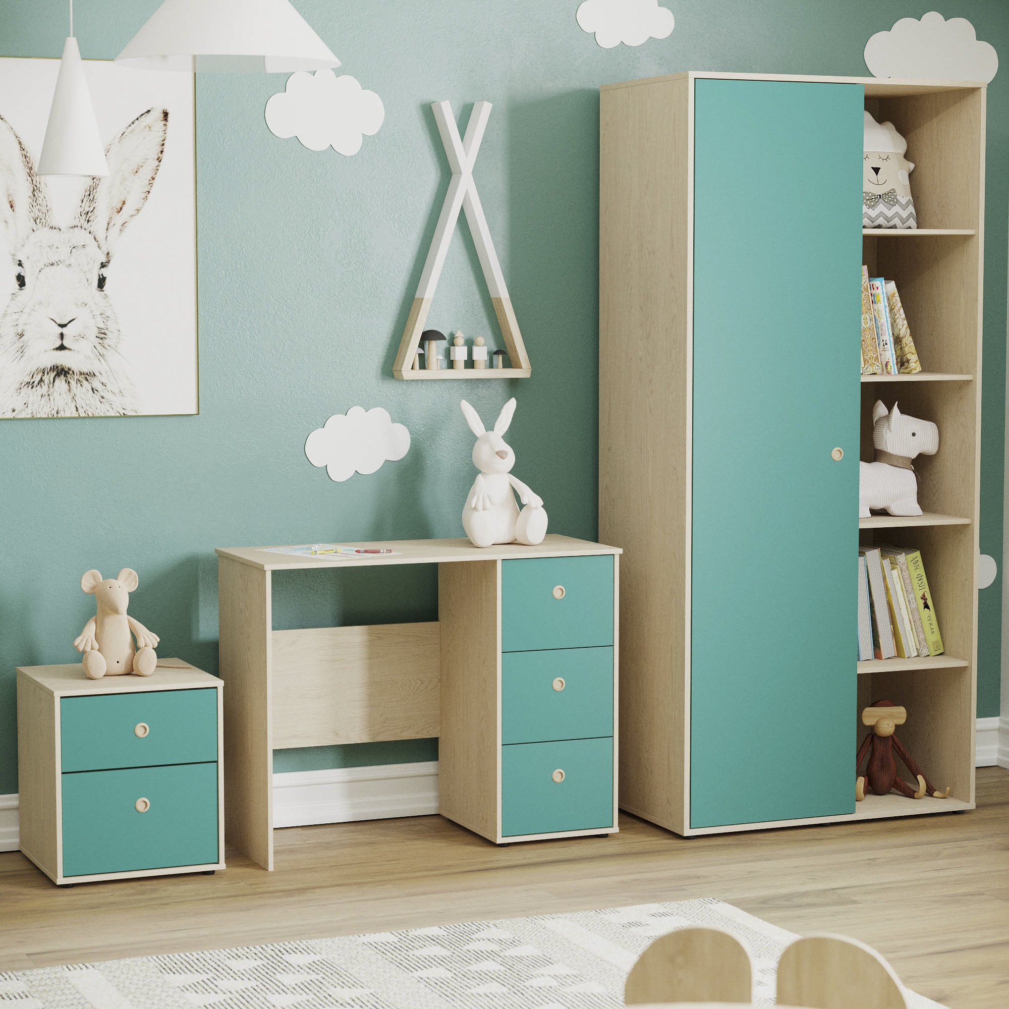 Junior Vida Neptune Bedroom Set (Desk, Bedside Table, Wardrobe) - Blue & Oak