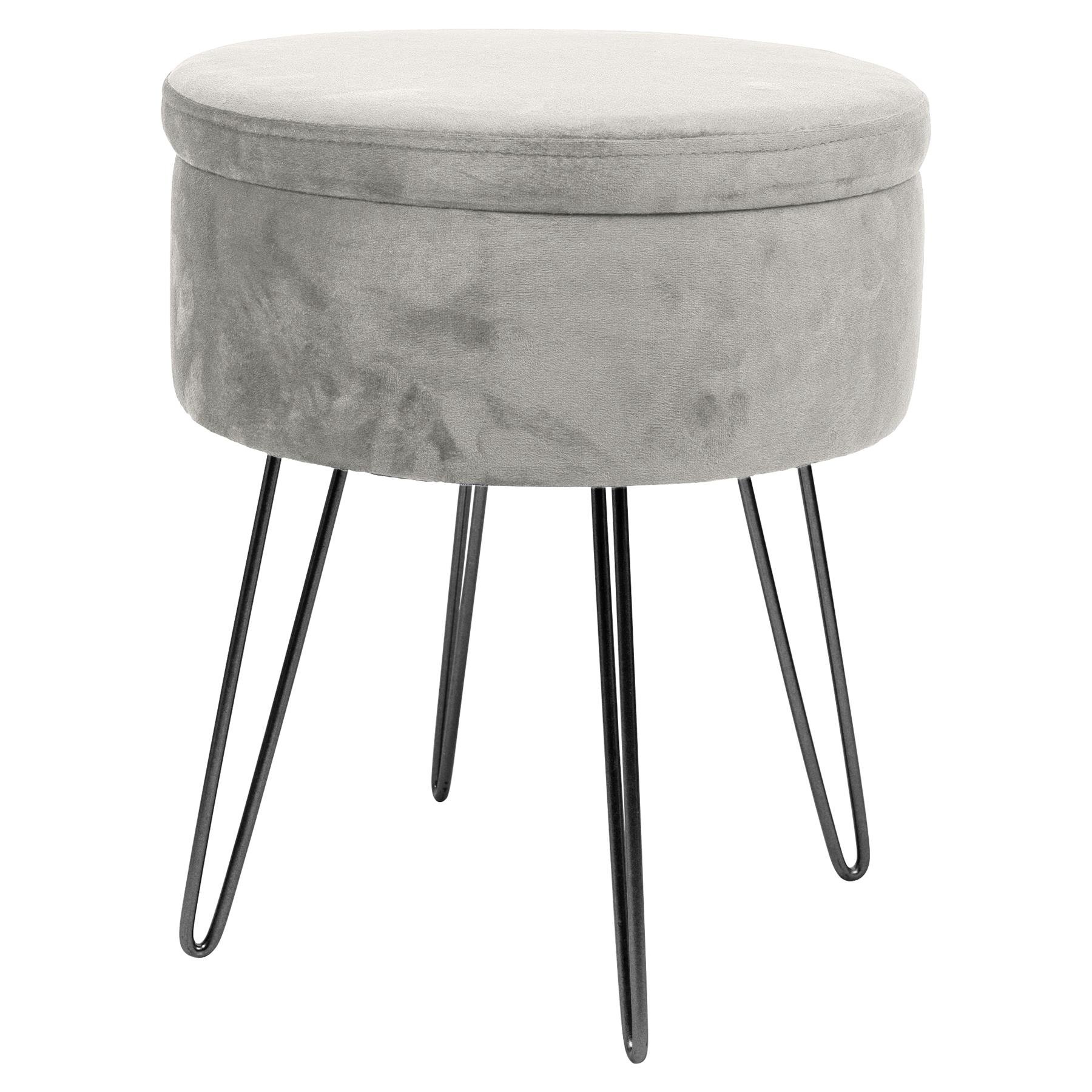 Harbour Housewares Round Velvet Storage Footstool - H45 x D36cm - Grey/Black