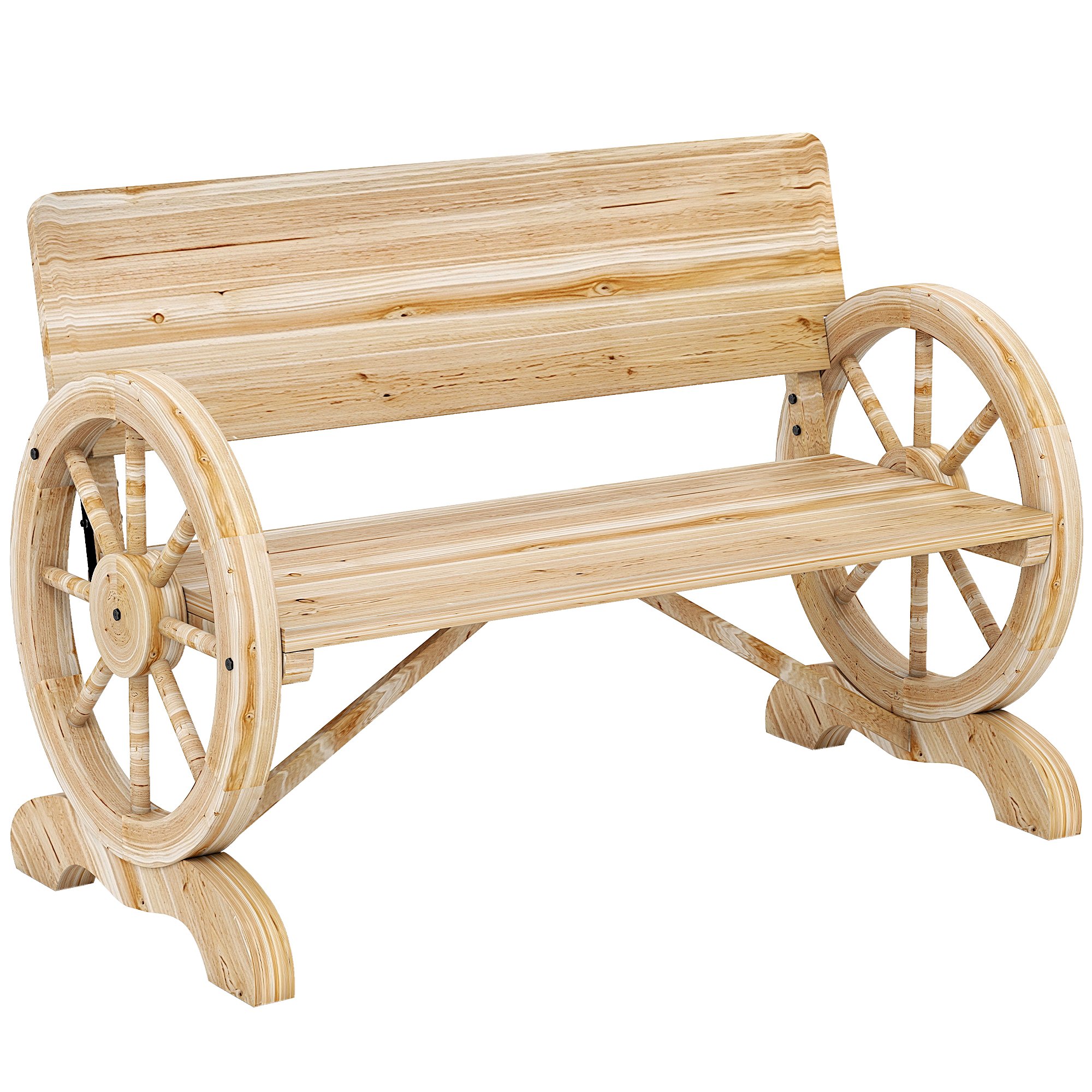 Outsunny 2 Seater Wooden Garden Bench with Wagon Wheel Armrests - Natural Wood