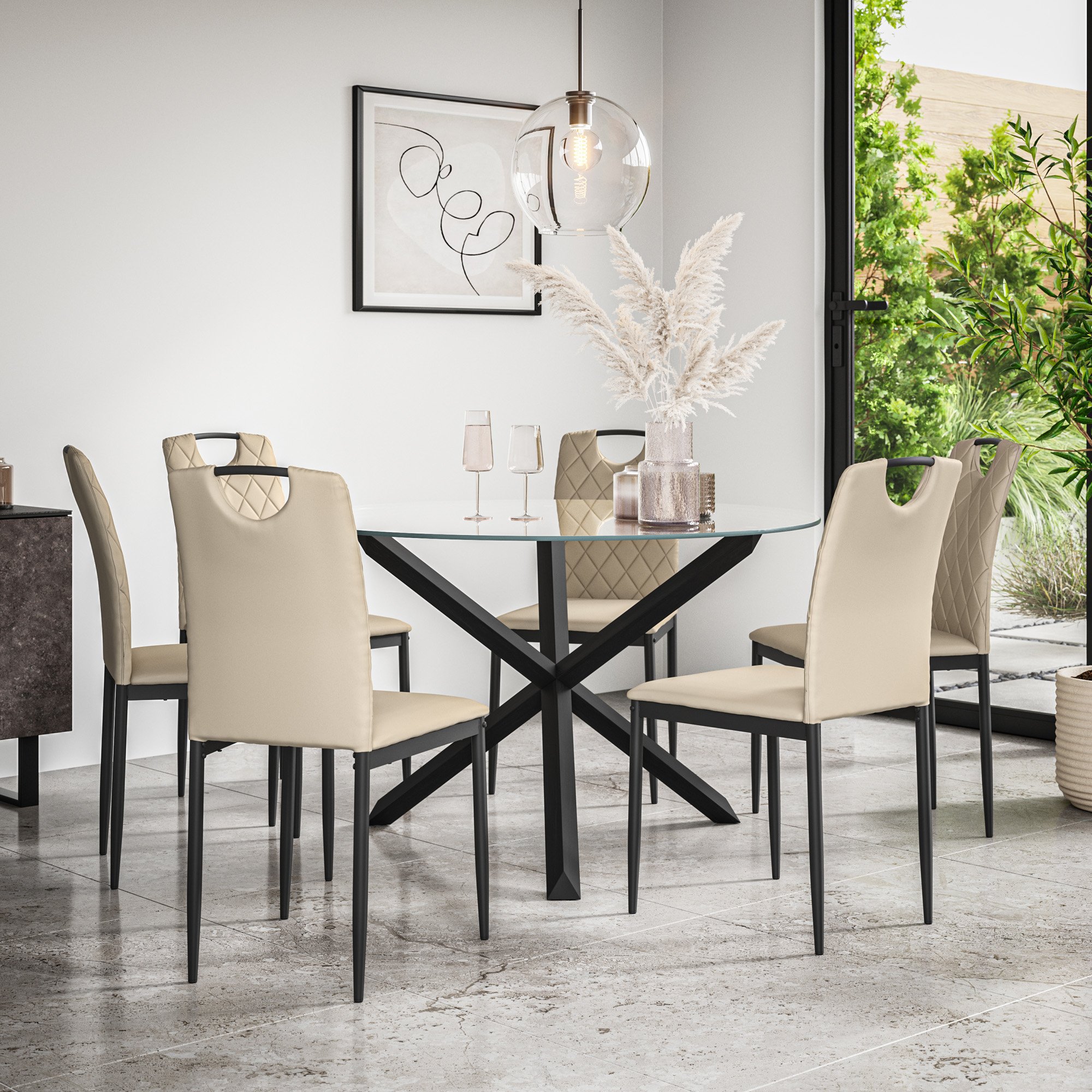 Furniture Online Malvern Monza Glass Top Dining Table & 6 Beige Chairs