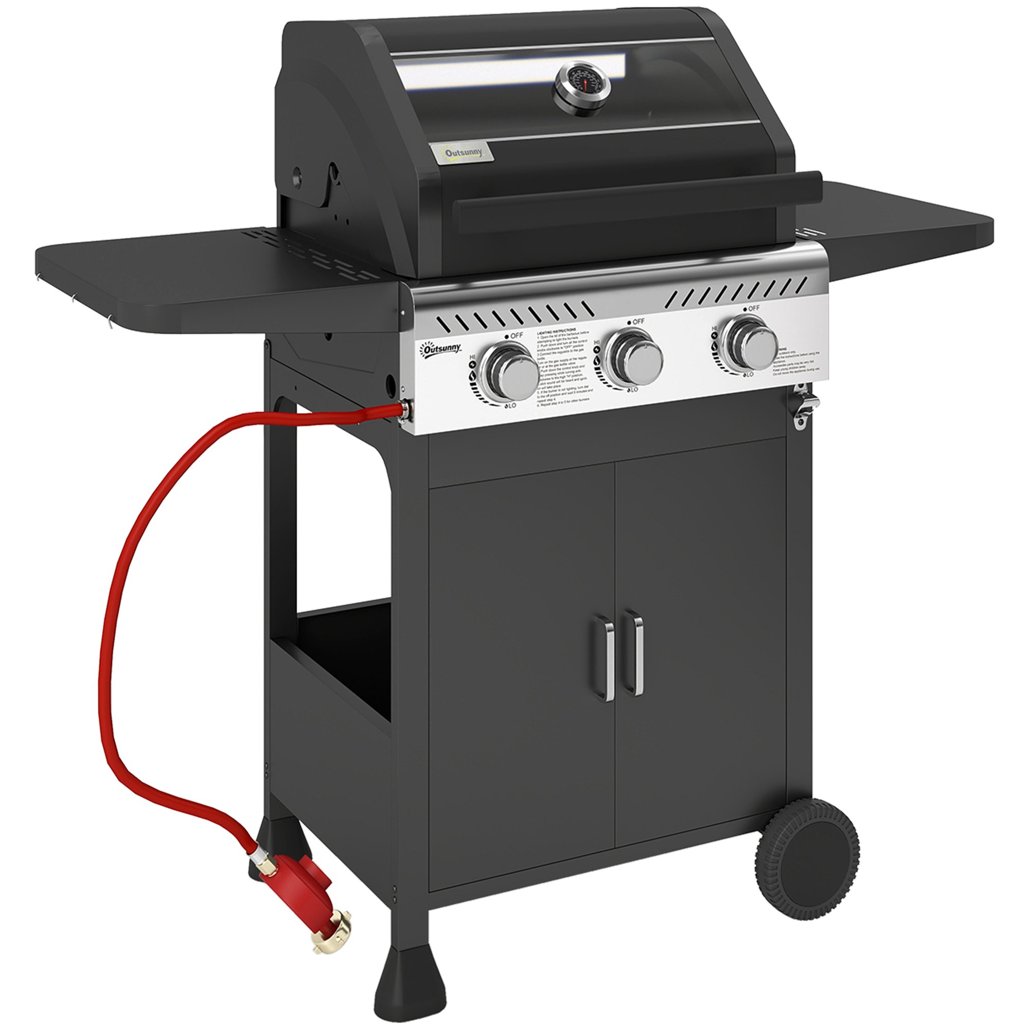 Outsunny Wheeled Propane Gas Barbecue with Viewing Lid - Black