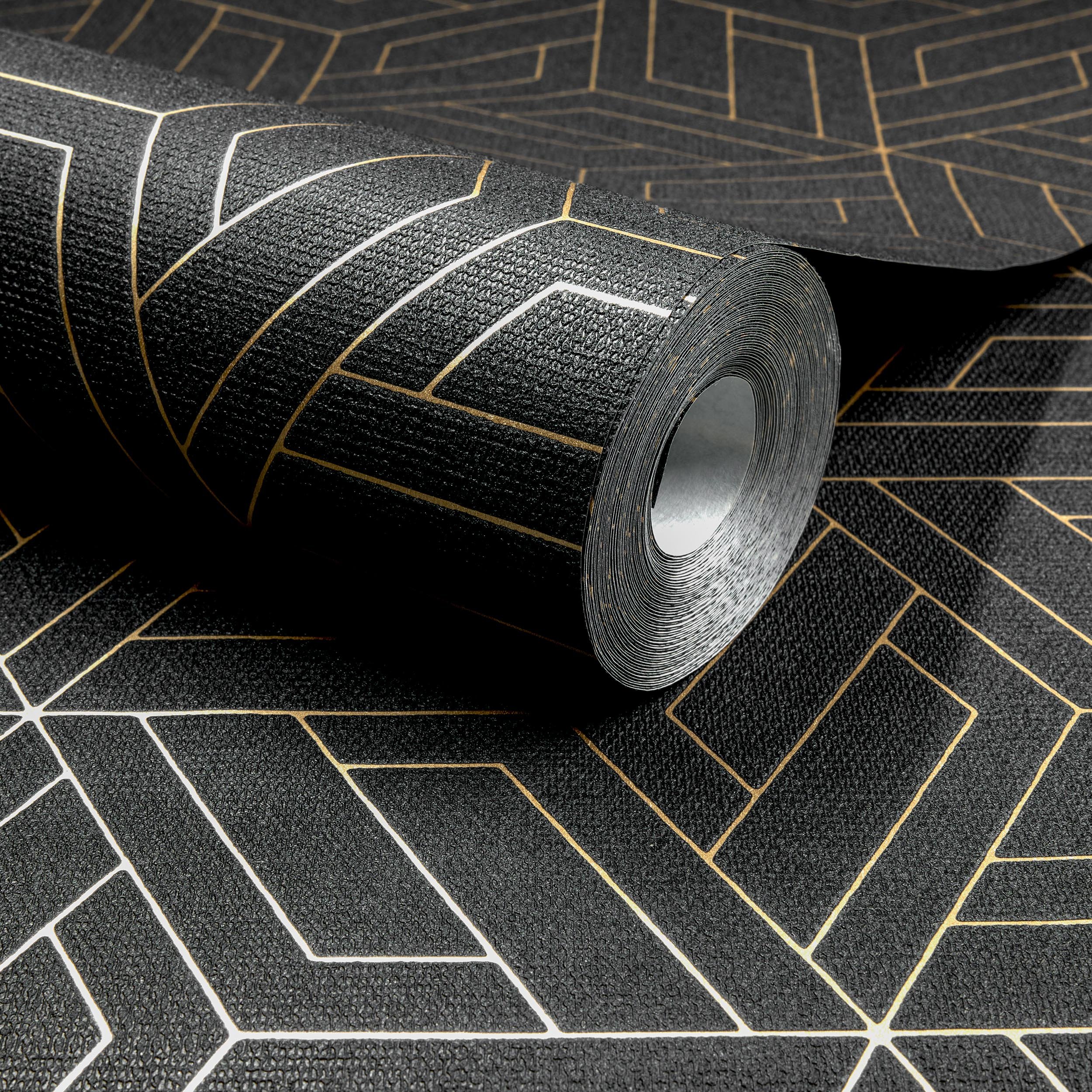 Grandeco Cobra Geometric Pattern Metallic Blown Vinyl Wallpaper - Charcoal Black