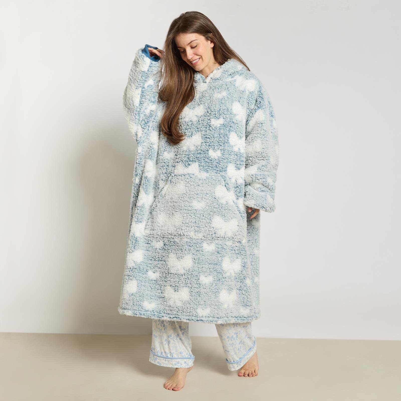 OHS Bow Print Teddy Marl Hoodie Blanket - Extra Long - Navy