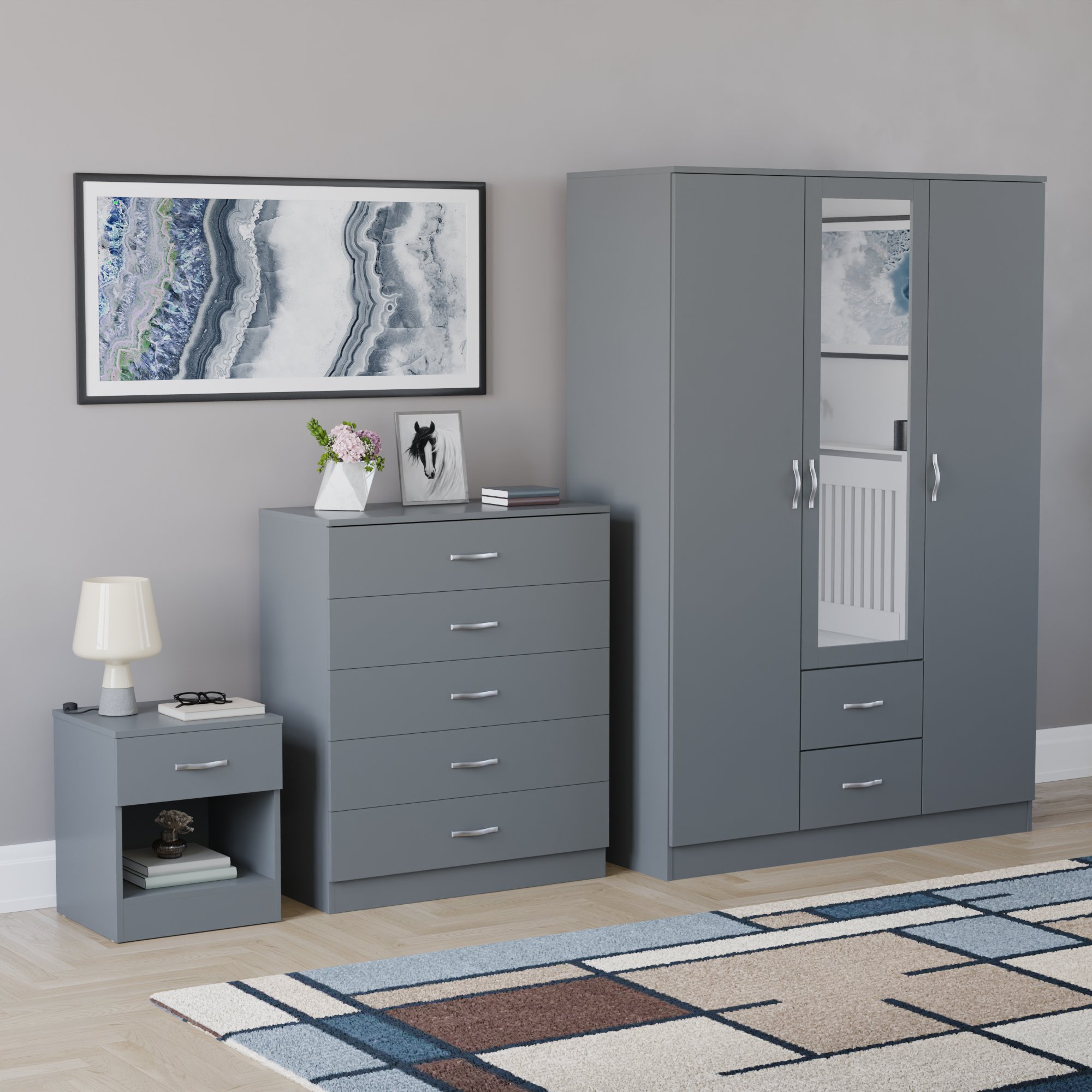 Vida Designs Riano Bedroom Set (Bedside, 5 Drawer Chest, Mirror Wardrobe) - Grey