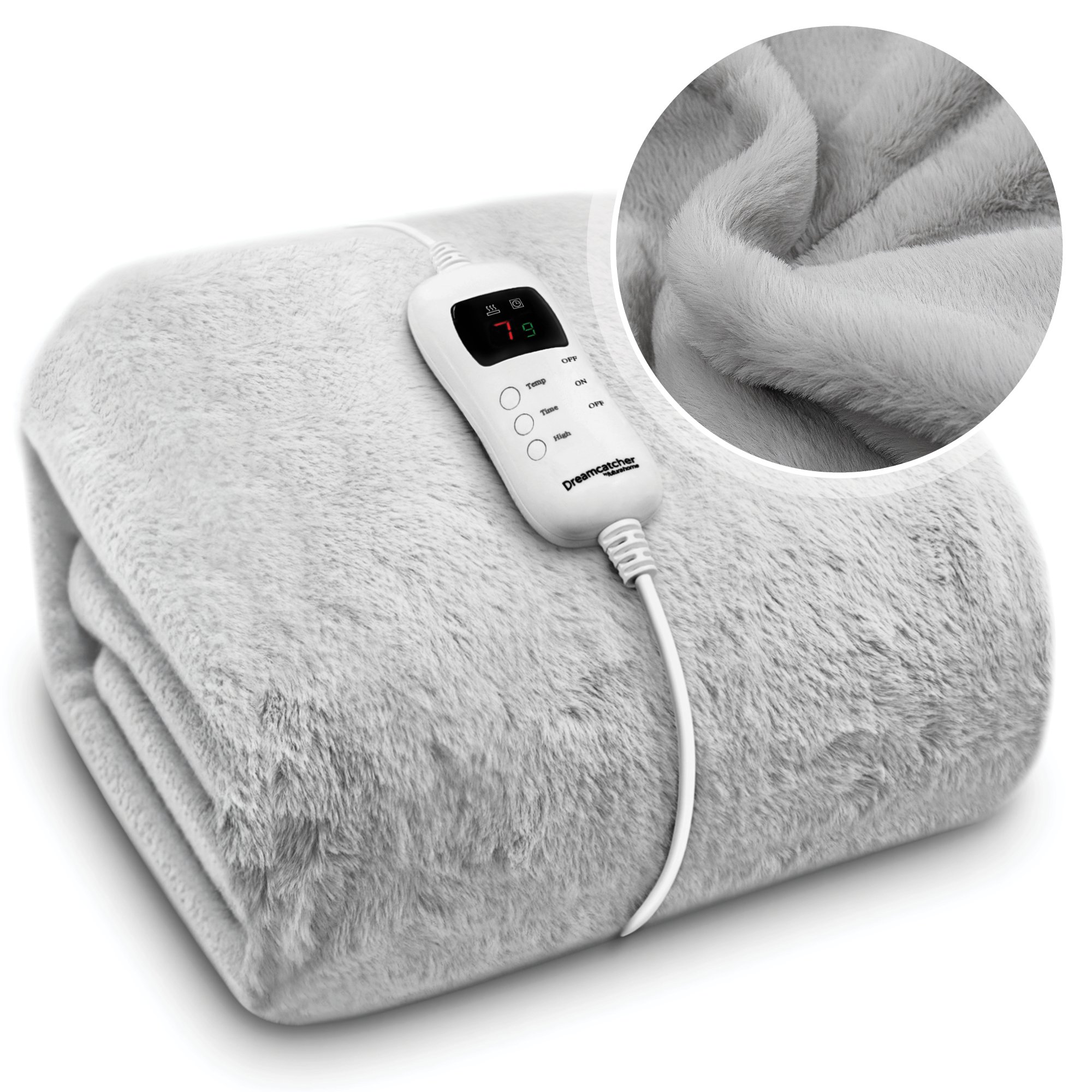 Dreamcatcher Faux Fur Polyester Heated Throw Electric Blanket - Light Grey
