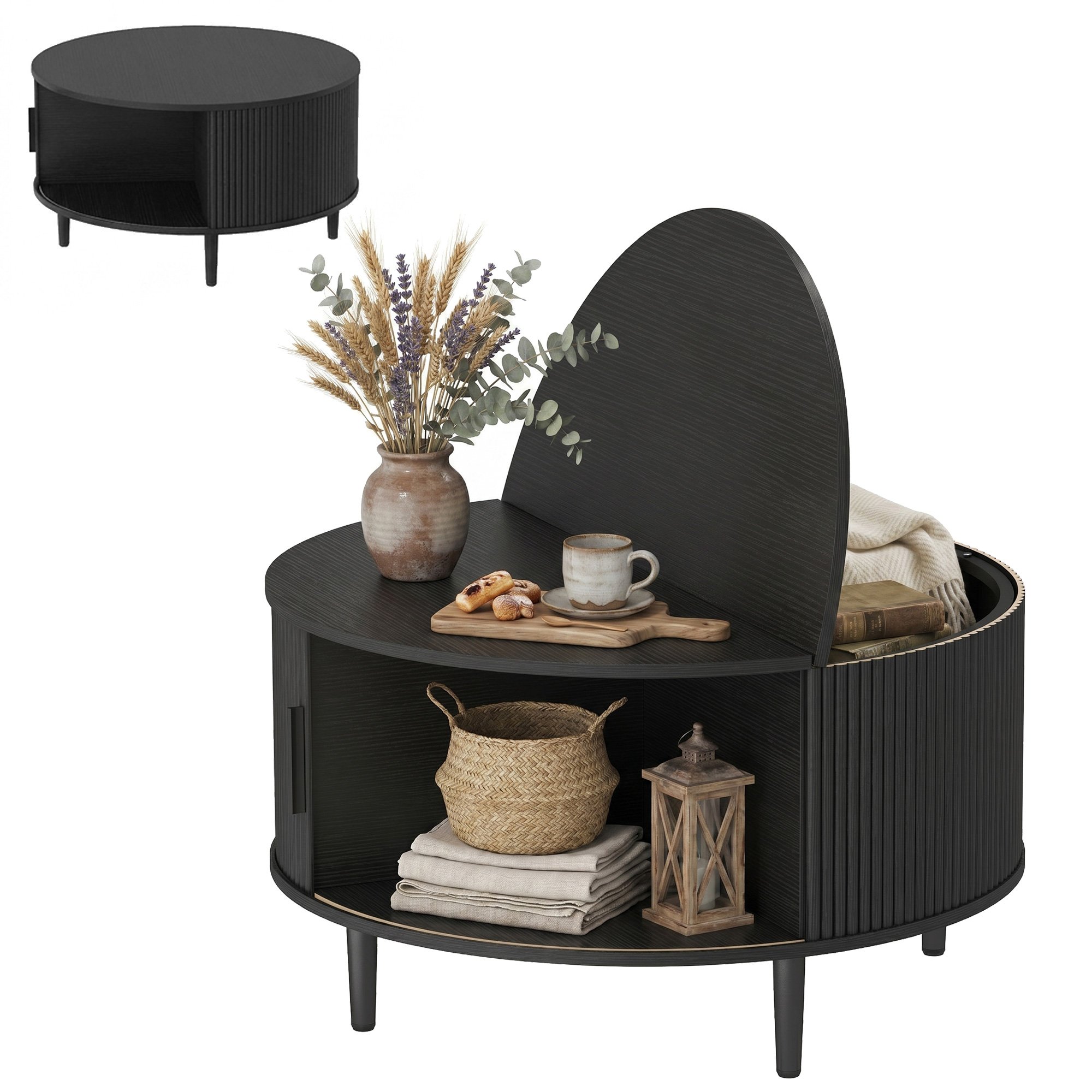 HOMCOM Lift Top Round Coffee Table with Fluted Sliding Cabinet Door - Black