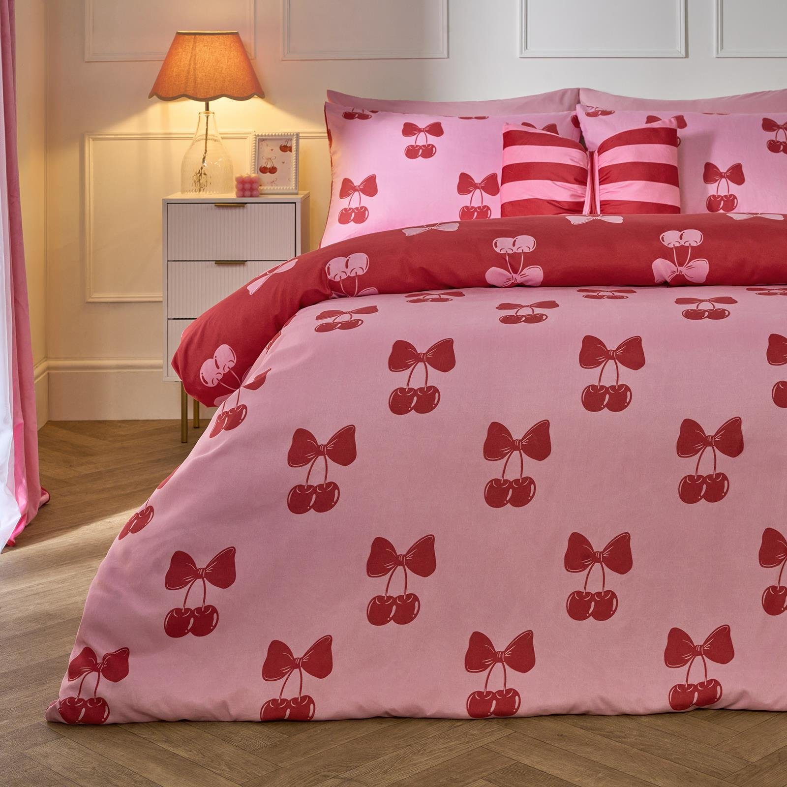 OHS Cherry Bow Microfibre Reversible Duvet Cover Set Pink/Red - Double