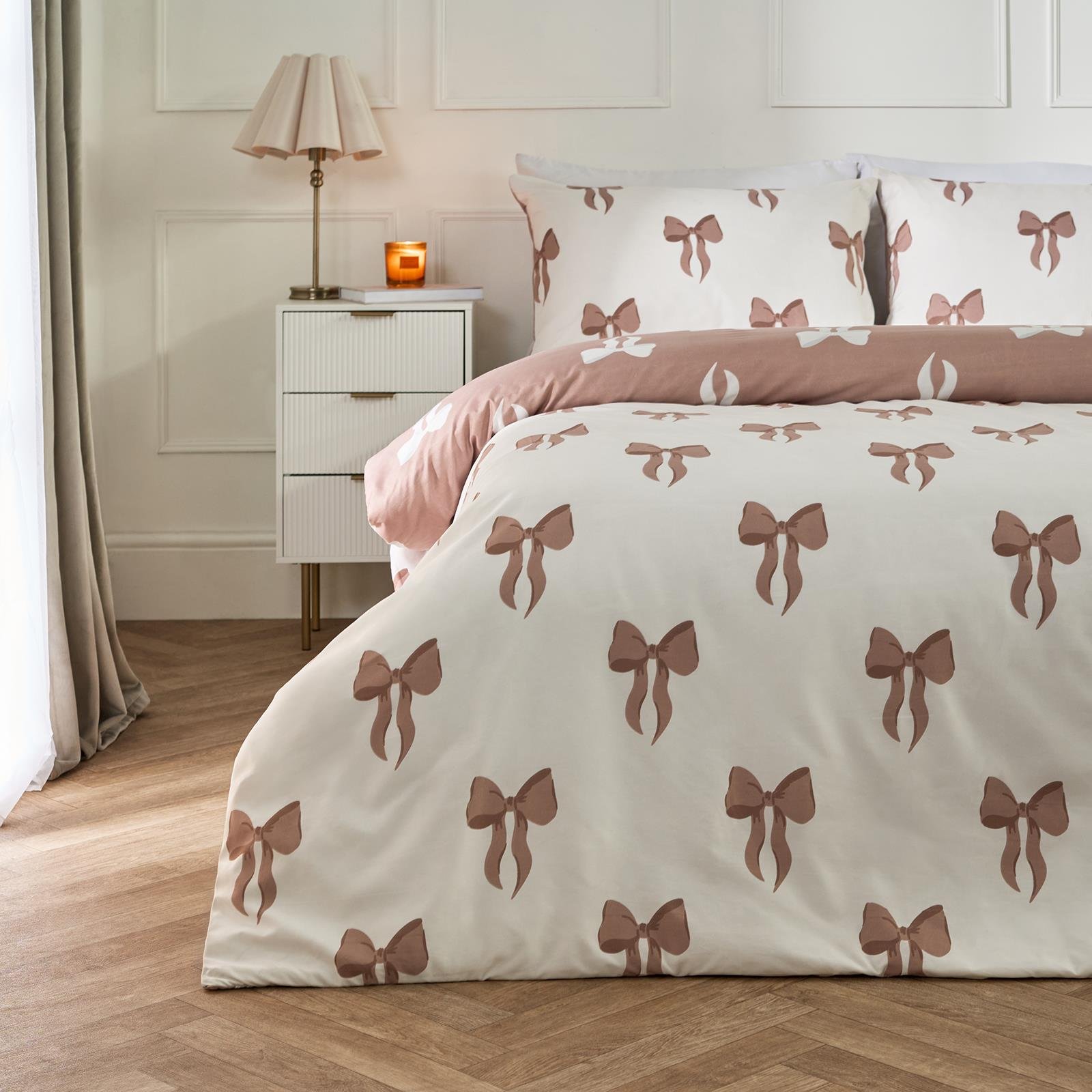 OHS Bow Print Microfibre Reversible Duvet Cover Set - Ivory/Natural - Single