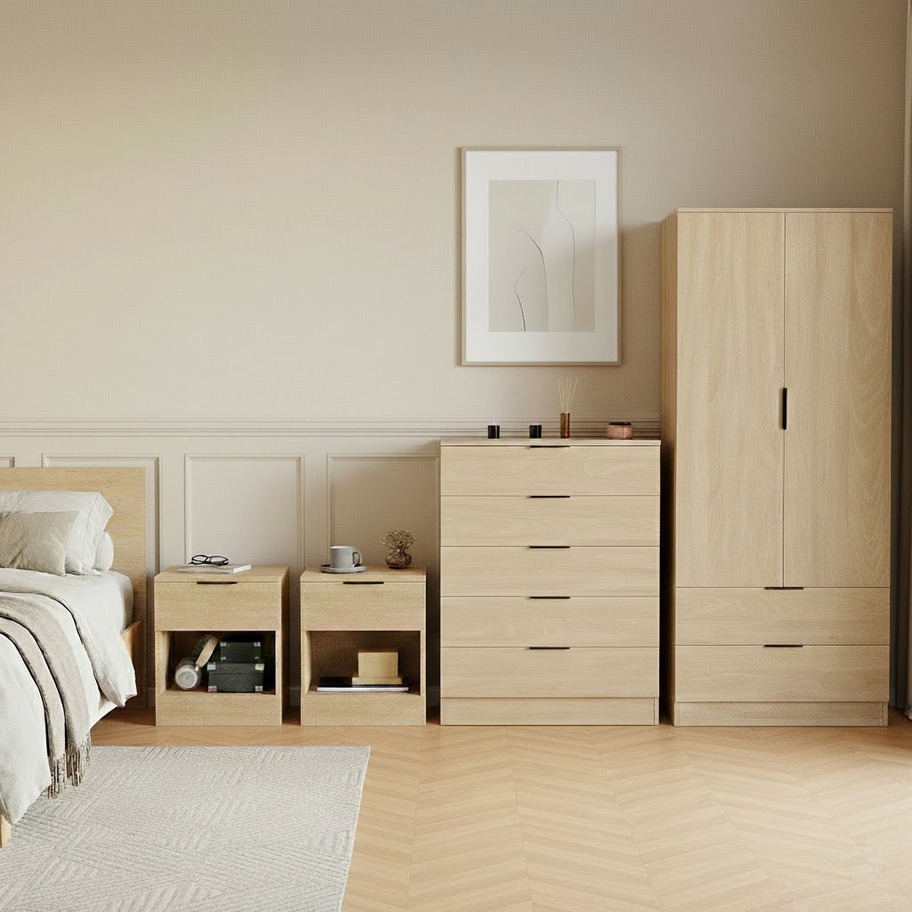 Vida Designs Trega Bedroom Set (Bedsides, 5 Drawer Chest, 2x2 Wardrobe) - Pine
